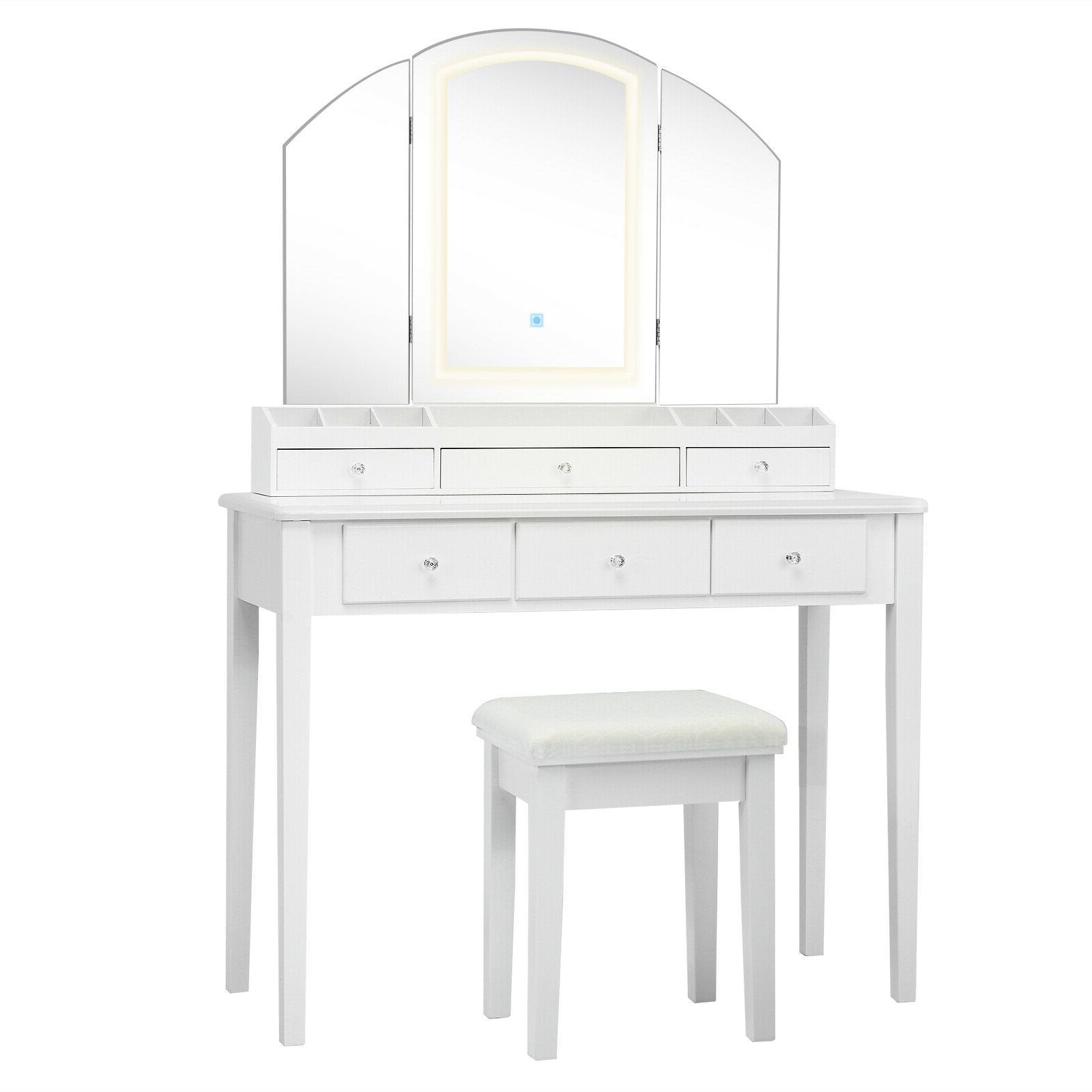 Vanity Table Stool Set with Large Tri-folding Lighted Mirror, White Makeup Vanities   at Gallery Canada