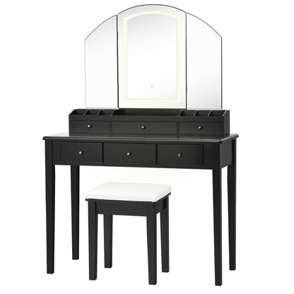 Vanity Table Stool Set with Large Tri-folding Lighted Mirror, Black Makeup Vanities   at Gallery Canada