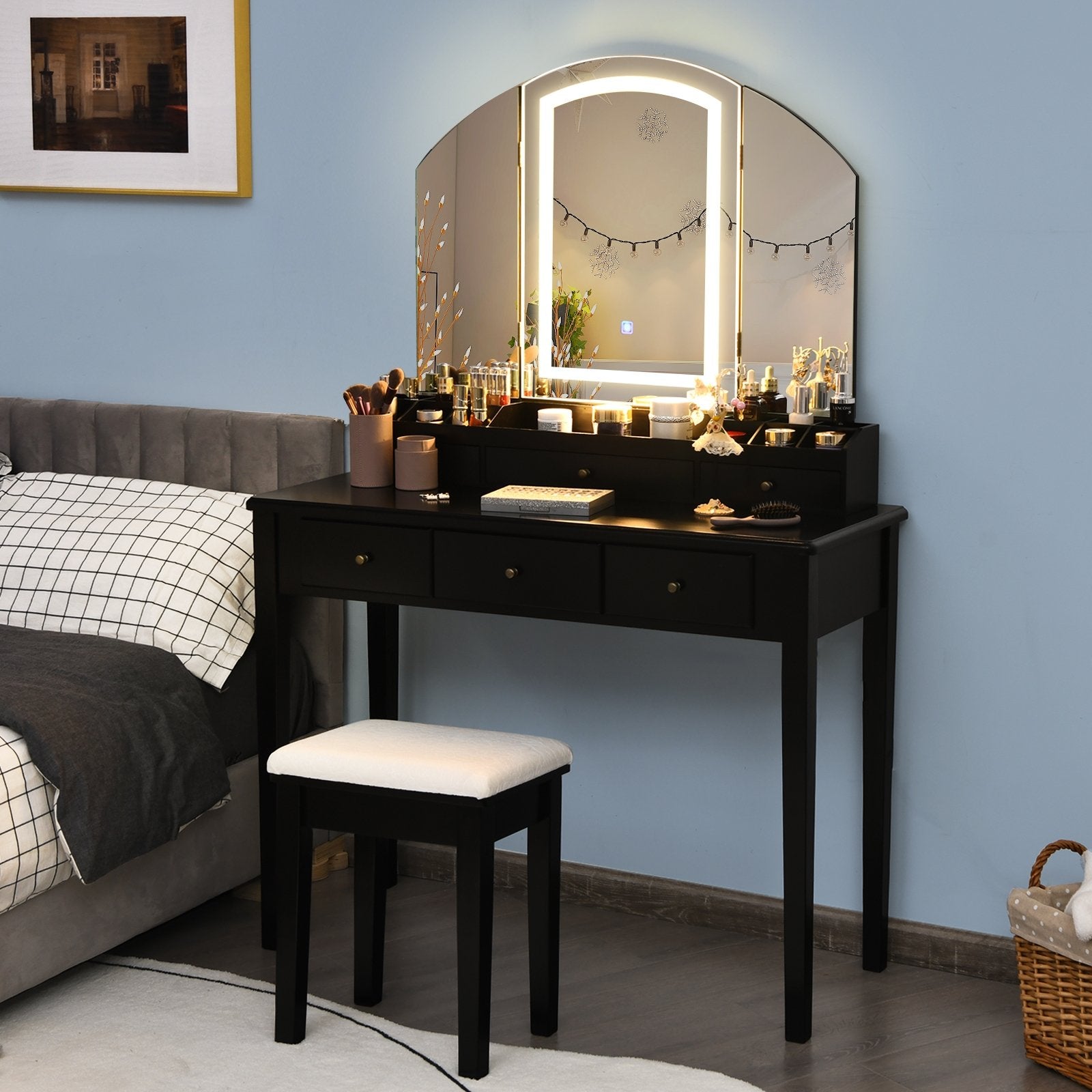 Vanity Table Stool Set with Large Tri-folding Lighted Mirror, Black Makeup Vanities   at Gallery Canada