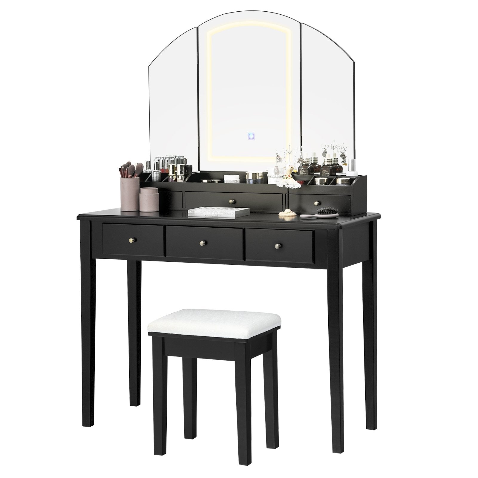 Vanity Table Stool Set with Large Tri-folding Lighted Mirror, Black Makeup Vanities   at Gallery Canada