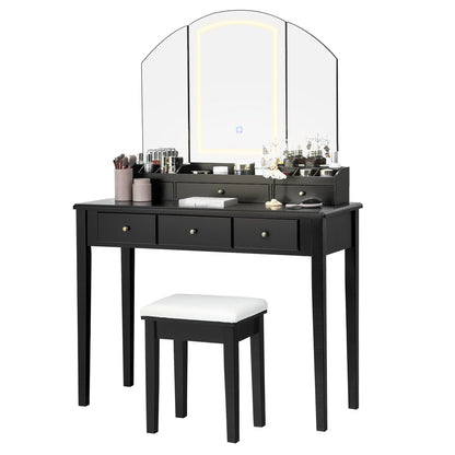 Vanity Table Stool Set with Large Tri-folding Lighted Mirror, Black - Gallery Canada