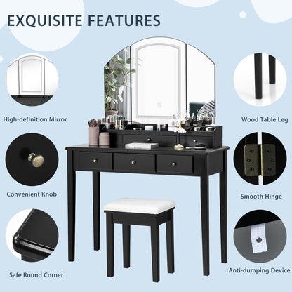 Vanity Table Stool Set with Large Tri-folding Lighted Mirror, Black - Gallery Canada