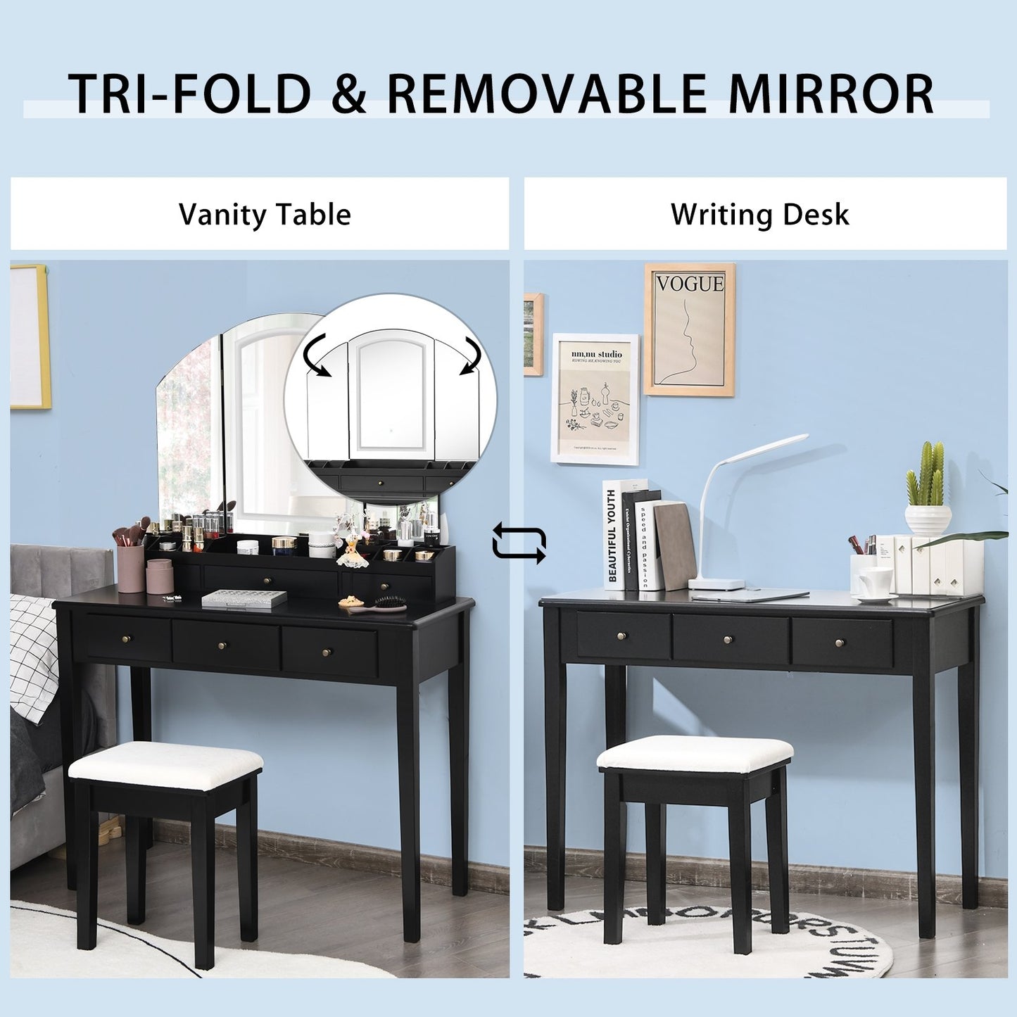 Vanity Table Stool Set with Large Tri-folding Lighted Mirror, Black - Gallery Canada