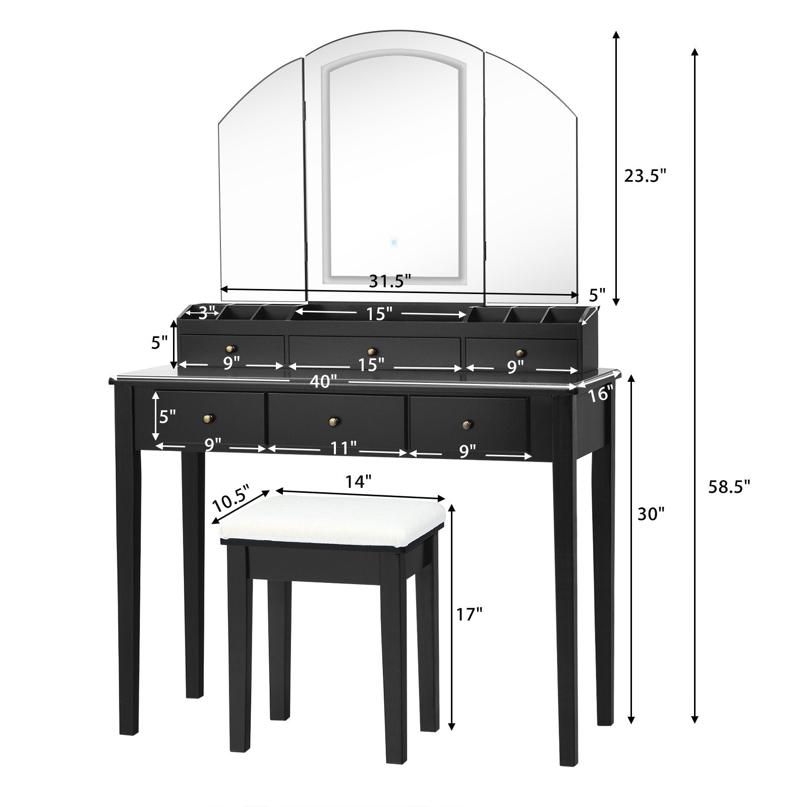 Vanity Table Stool Set with Large Tri-folding Lighted Mirror, Black - Gallery Canada