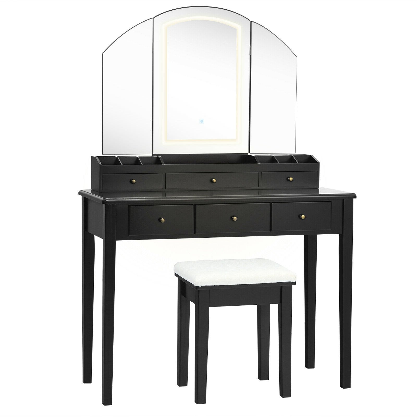 Vanity Table Stool Set with Large Tri-folding Lighted Mirror, Black Makeup Vanities   at Gallery Canada