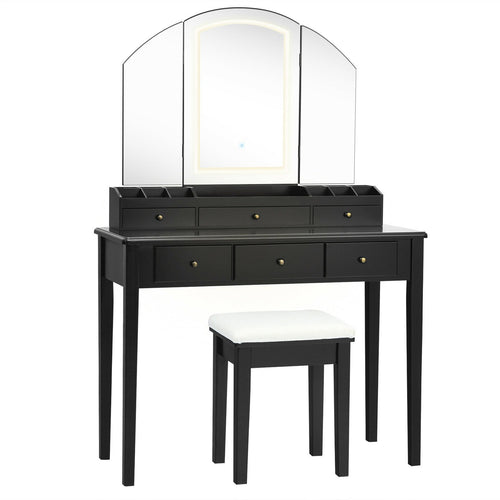 Vanity Table Stool Set with Large Tri-folding Lighted Mirror, Black