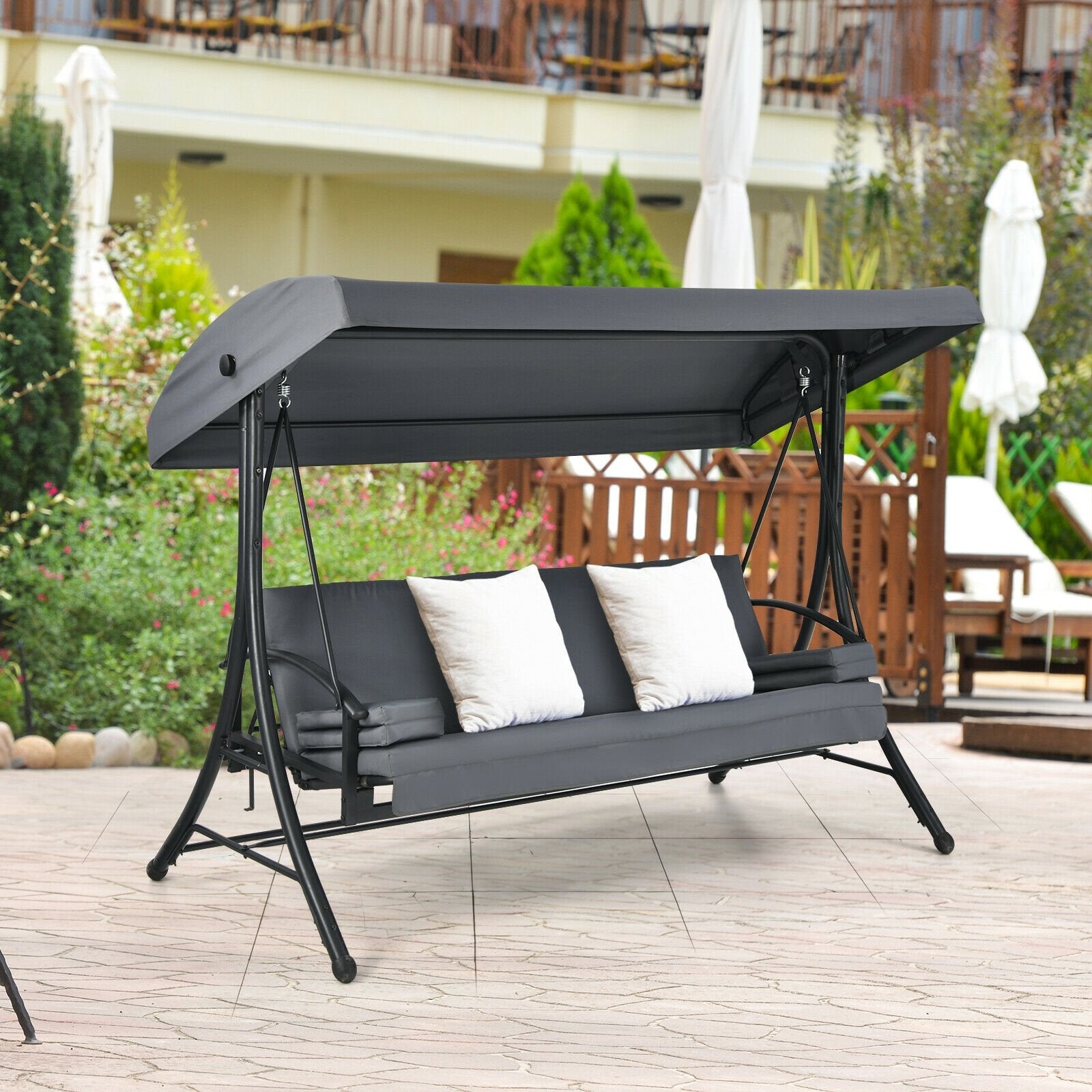 3-Seat Patio Outdoor Swing with Adjustable Tilt Canopy, Gray Porch Swings   at Gallery Canada