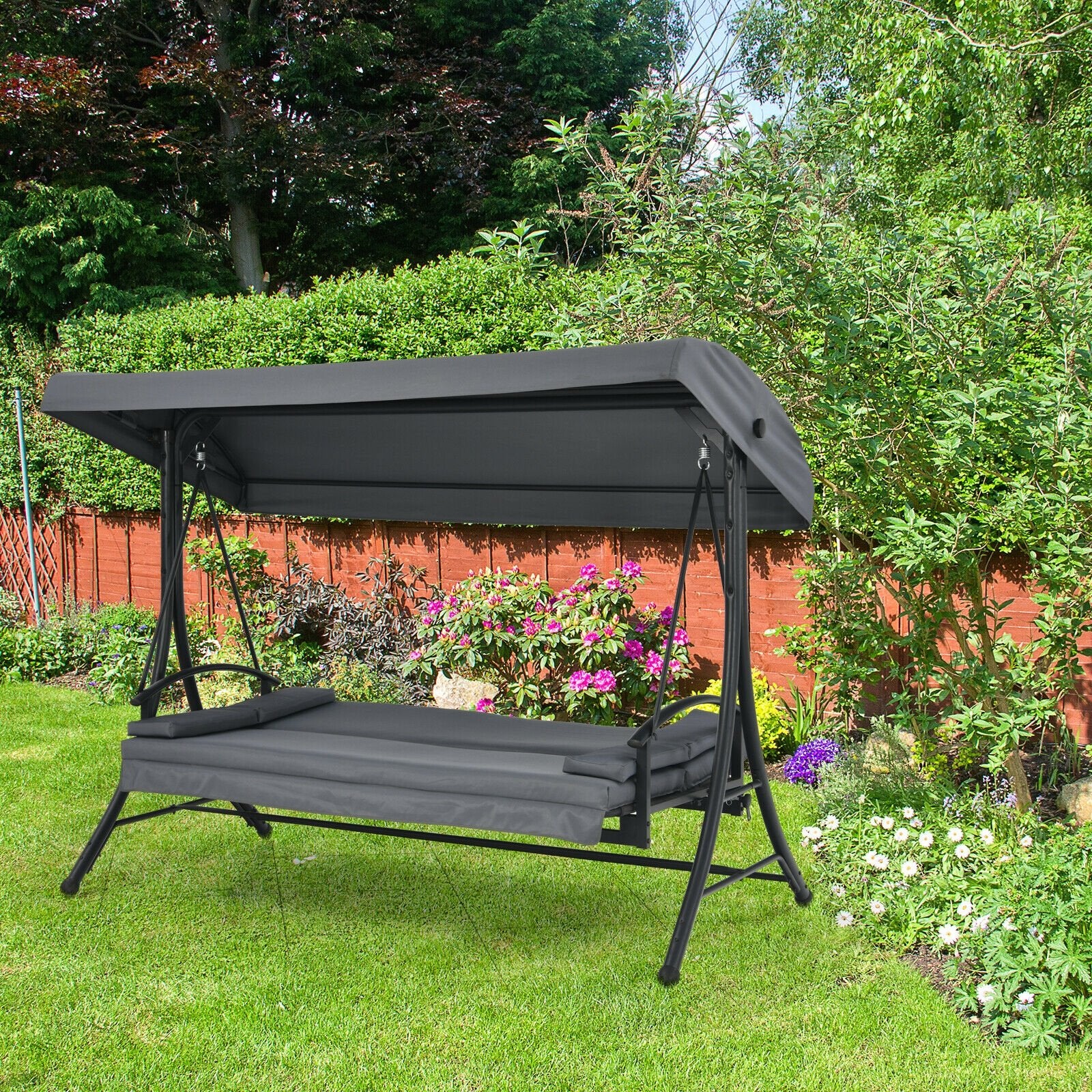 3-Seat Patio Outdoor Swing with Adjustable Tilt Canopy, Gray Porch Swings   at Gallery Canada