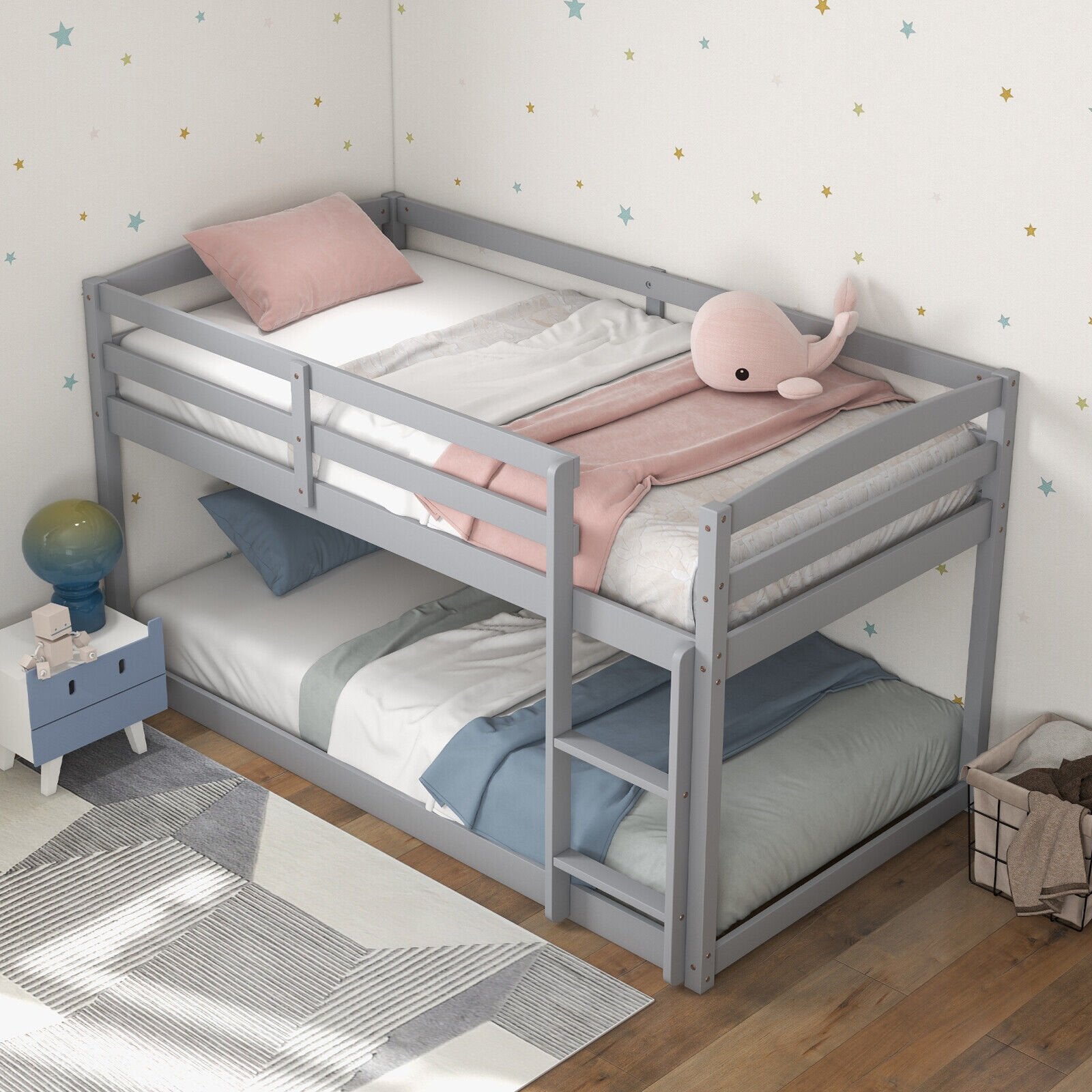 Twin Size Bunk Bed with High Guardrails and Integrated Ladder, Gray - Gallery Canada