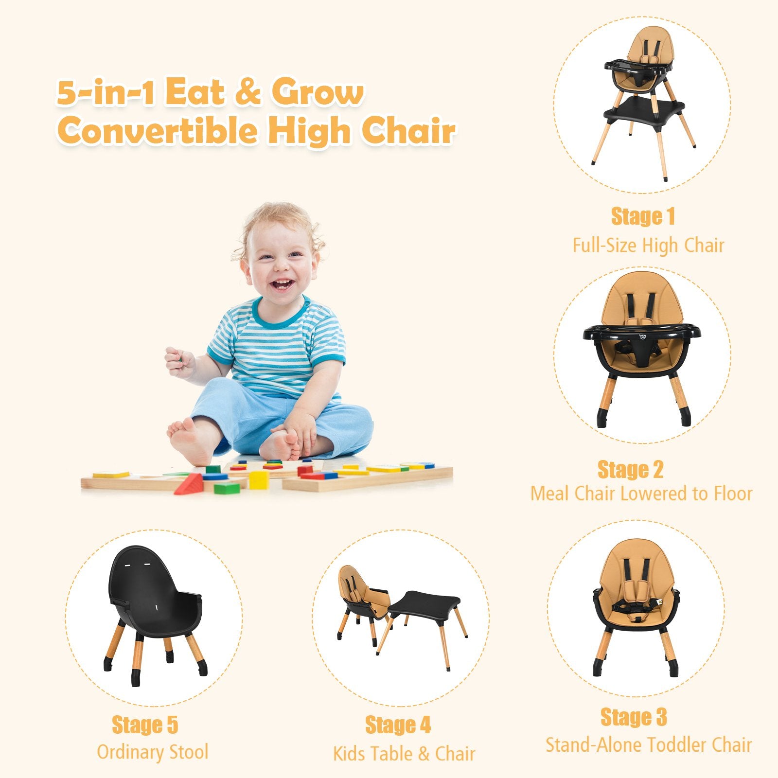 5-in-1 Baby Eat and Grow Convertible Wooden High Chair with Detachable Tray, Light Brown High Chairs   at Gallery Canada