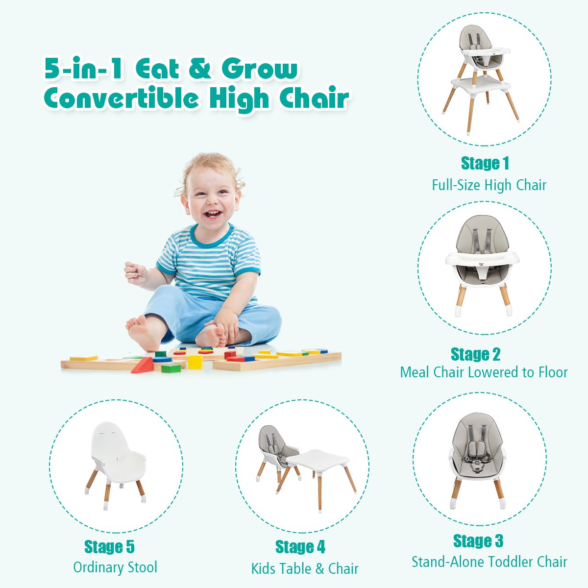 5-in-1 Baby Wooden Convertible High Chair , Gray High Chairs   at Gallery Canada