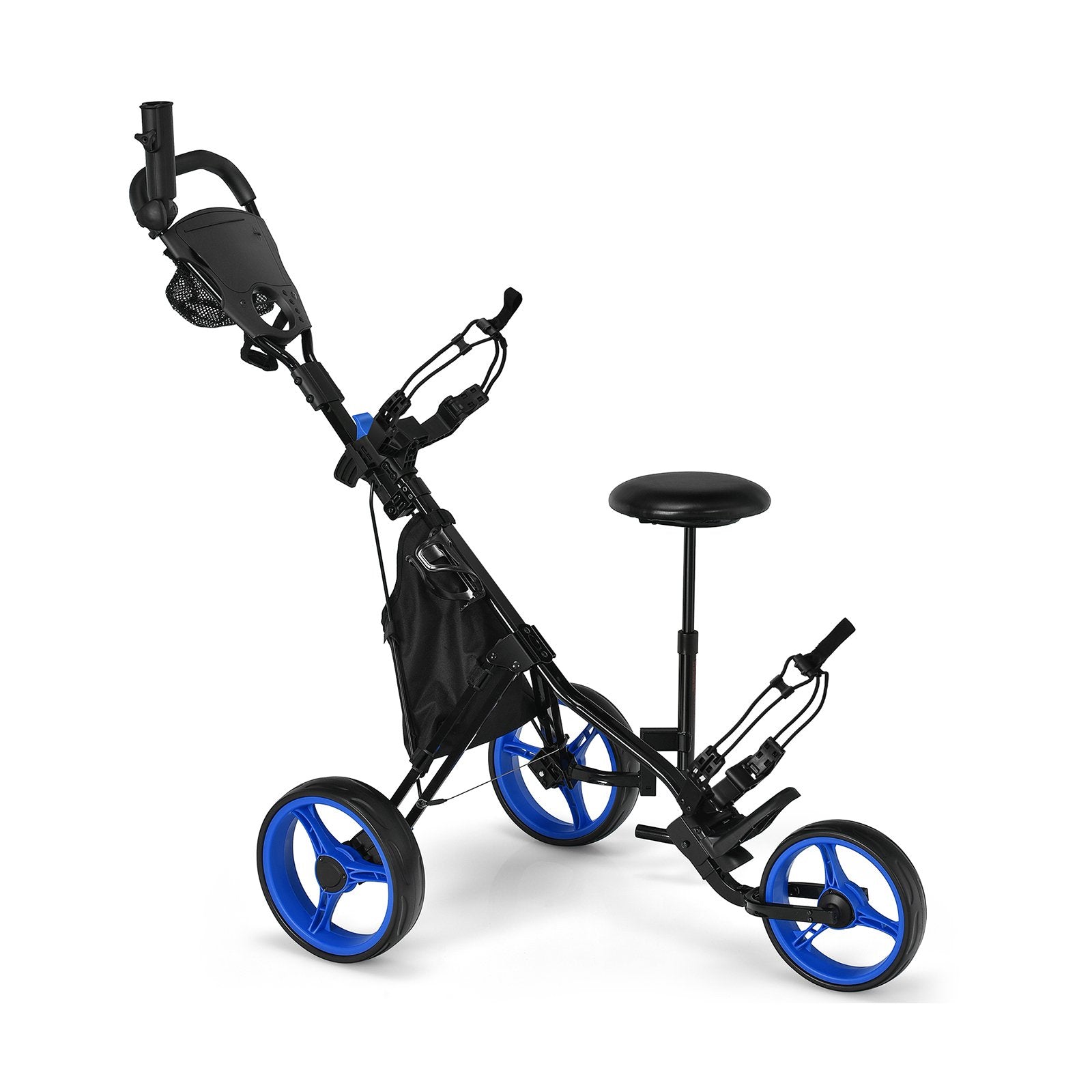 3 Wheels Folding Golf Push Cart with Seat Scoreboard and Adjustable Handle, Blue Golf   at Gallery Canada