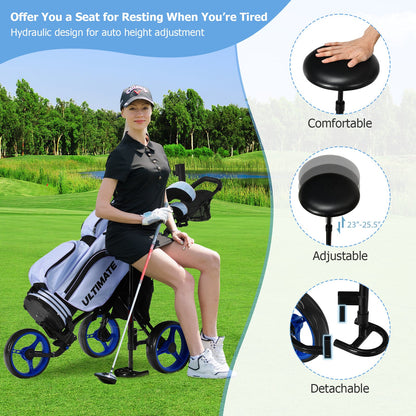 3 Wheels Folding Golf Push Cart with Seat Scoreboard and Adjustable Handle, Blue Golf   at Gallery Canada