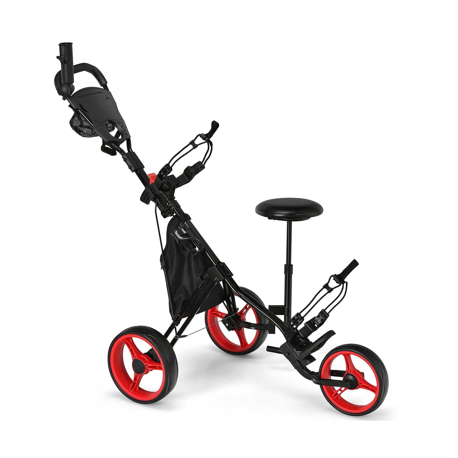3 Wheels Folding Golf Push Cart with Seat Scoreboard and Adjustable Handle, Red Golf   at Gallery Canada