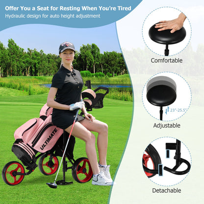 3 Wheels Folding Golf Push Cart with Seat Scoreboard and Adjustable Handle, Red Golf   at Gallery Canada