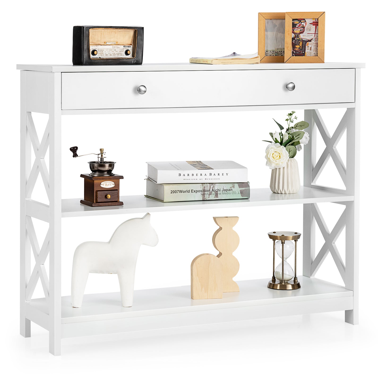 Console Table 3-Tier with Drawer and Storage Shelves, White Console Tables at Gallery Canada