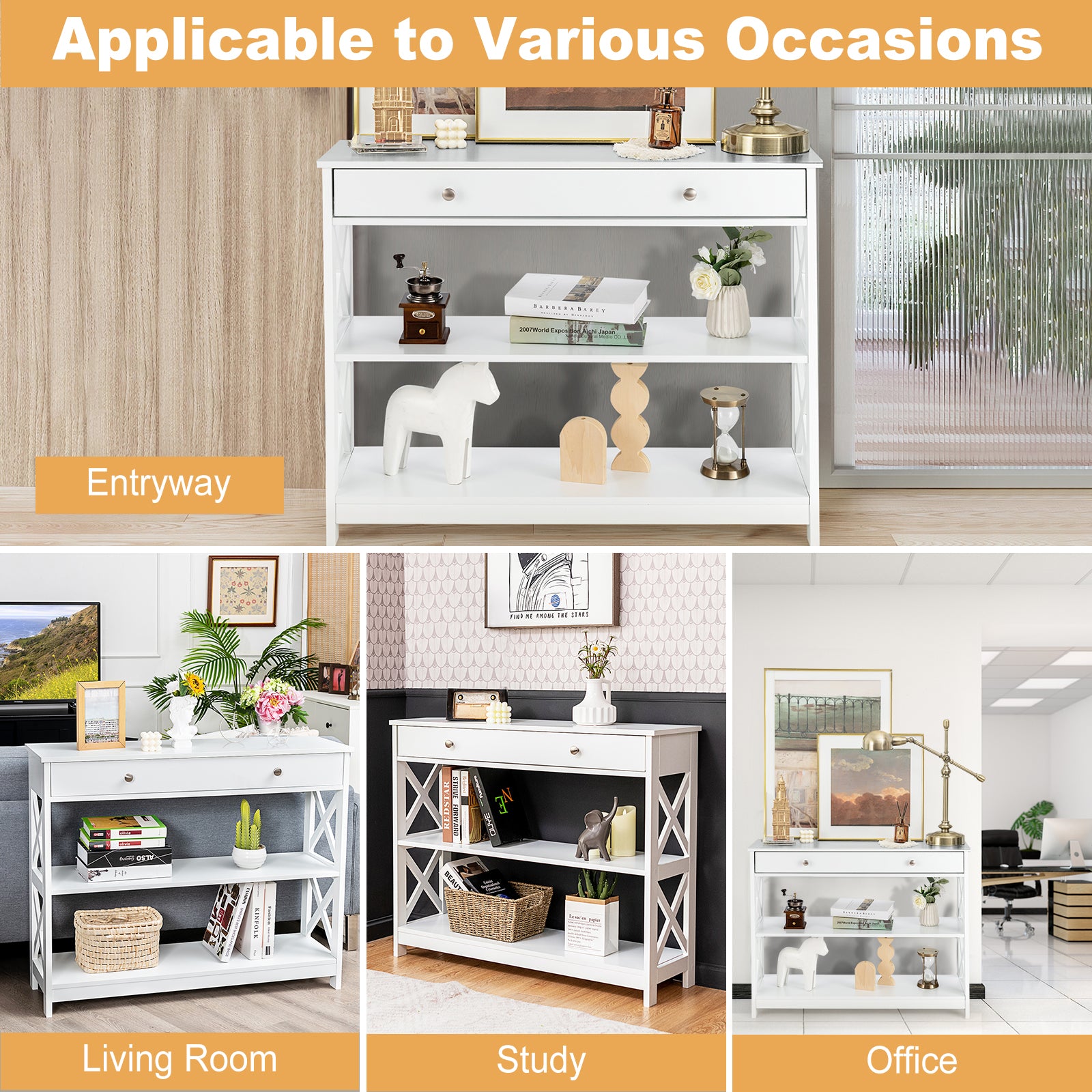 Console Table 3-Tier with Drawer and Storage Shelves, White Console Tables at Gallery Canada