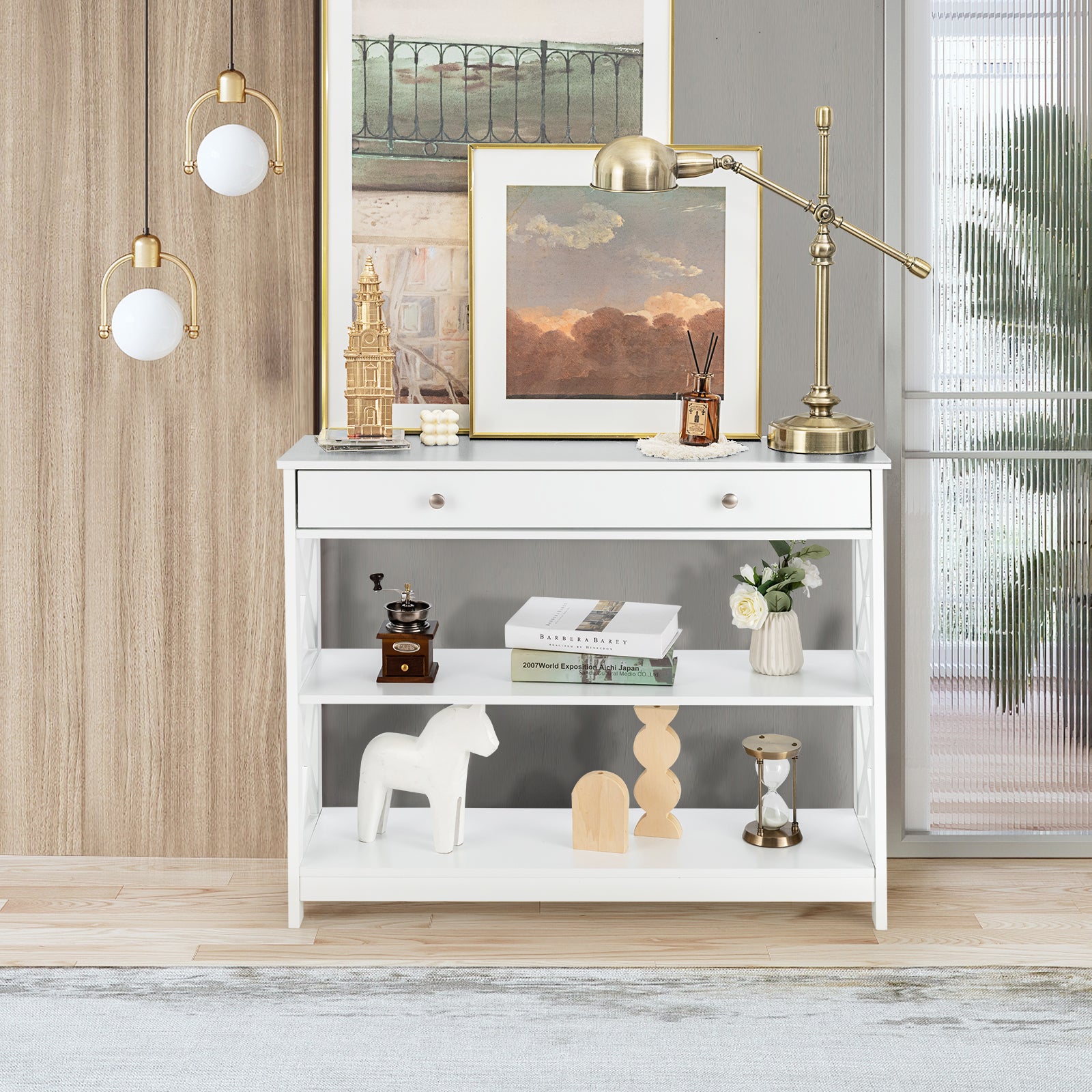Console Table 3-Tier with Drawer and Storage Shelves, White Console Tables at Gallery Canada