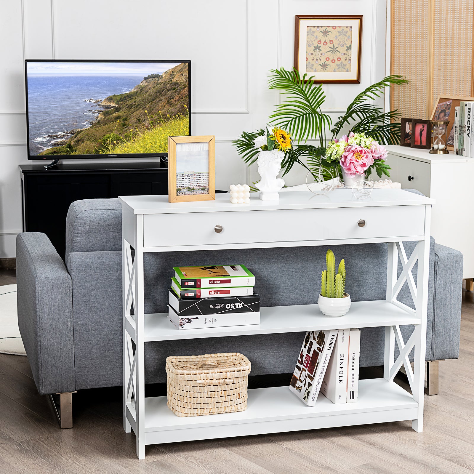 Console Table 3-Tier with Drawer and Storage Shelves, White Console Tables at Gallery Canada