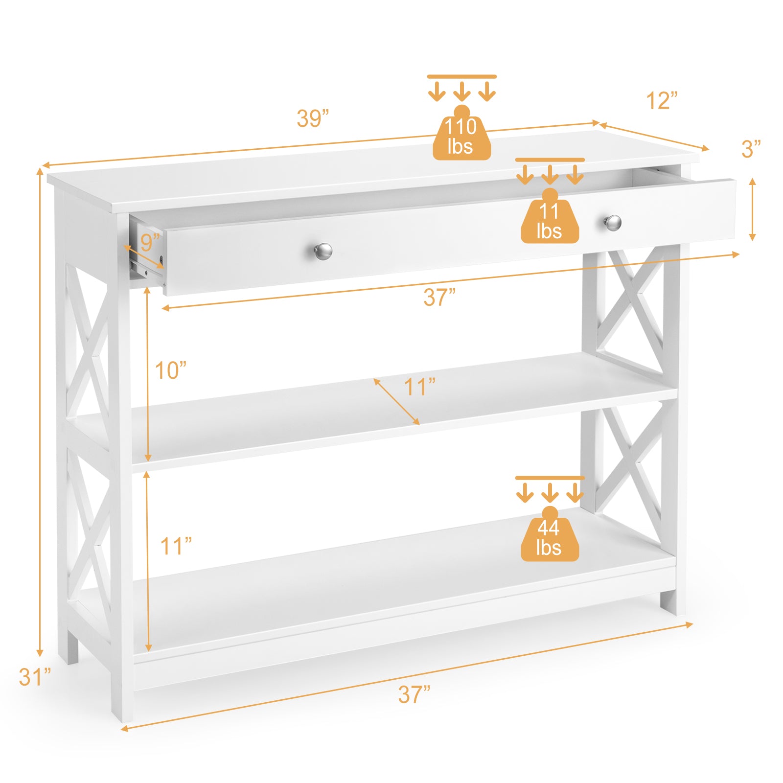 Console Table 3-Tier with Drawer and Storage Shelves, White Console Tables at Gallery Canada