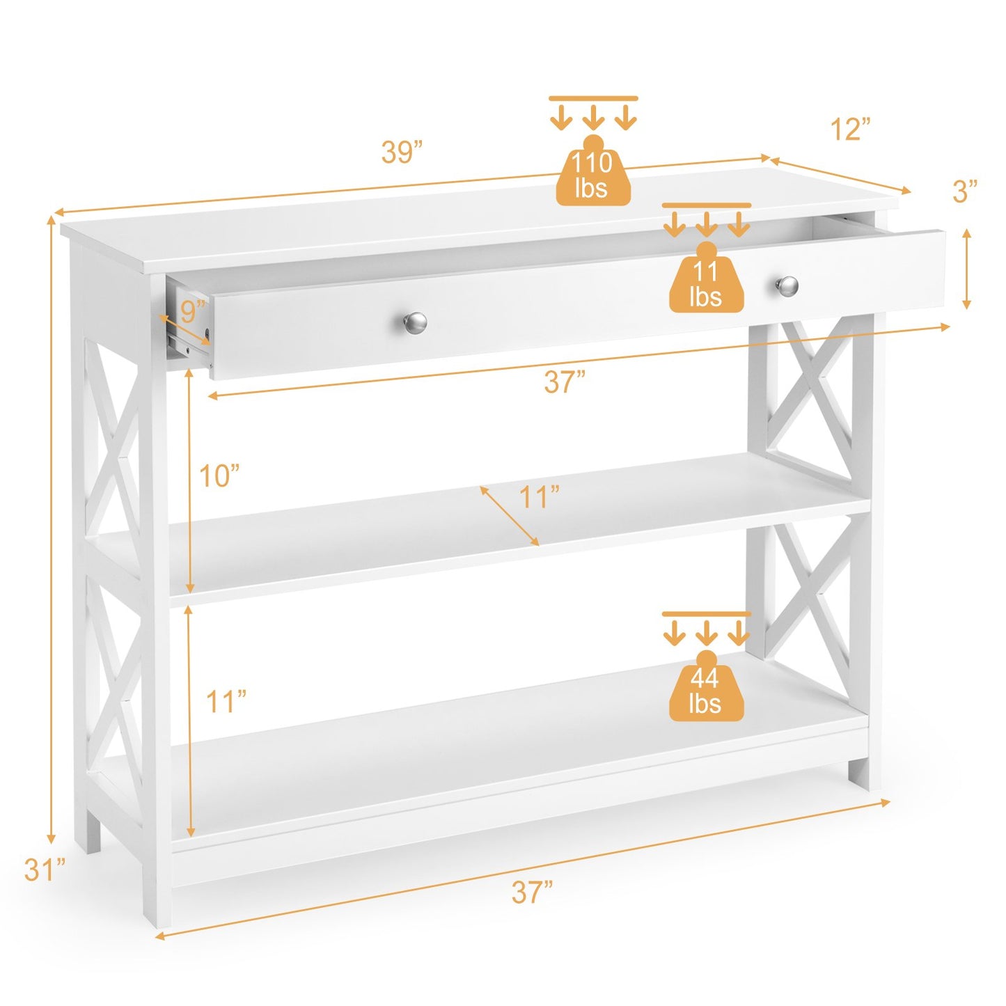 Console Table 3-Tier with Drawer and Storage Shelves, White Console Tables   at Gallery Canada