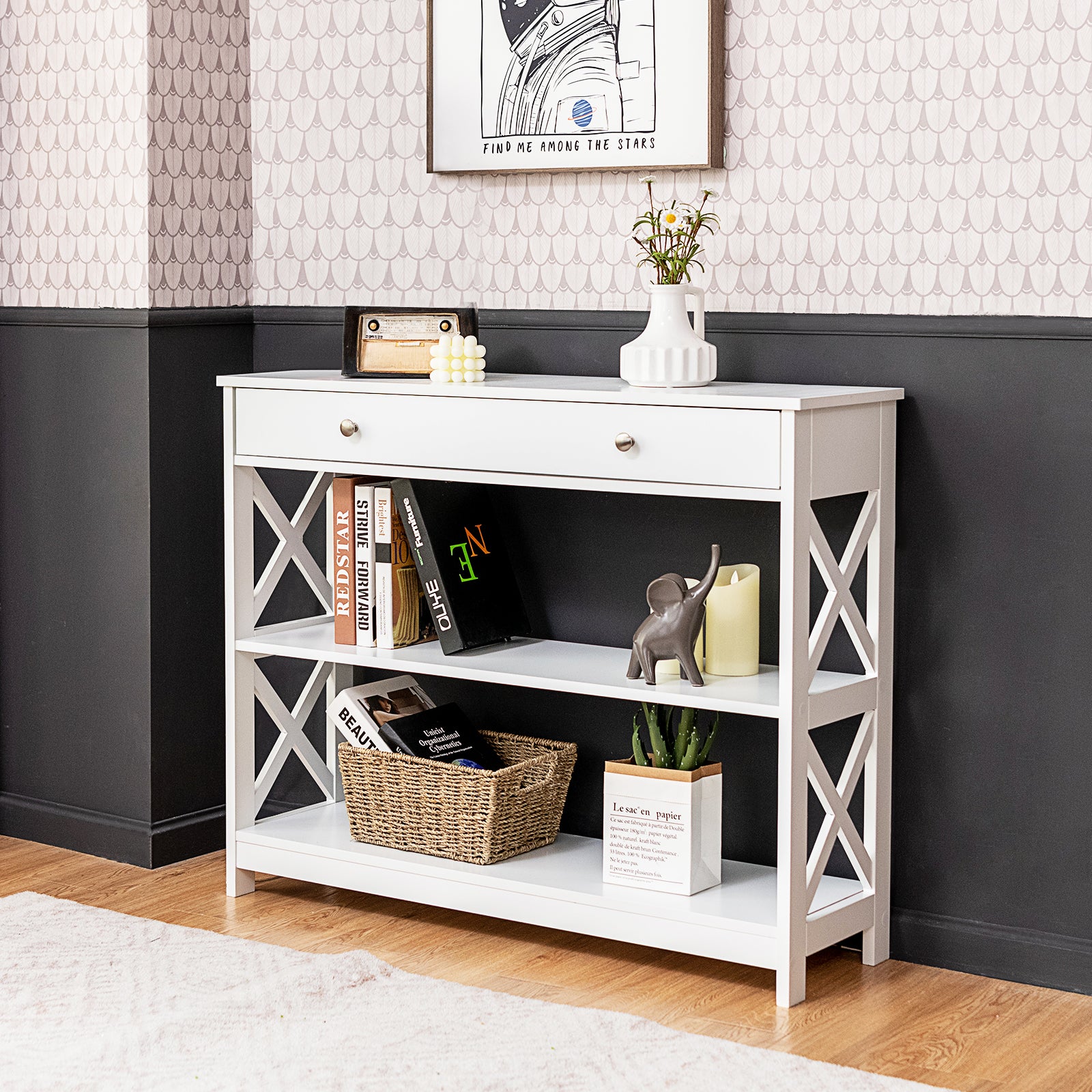 Console Table 3-Tier with Drawer and Storage Shelves, White Console Tables at Gallery Canada