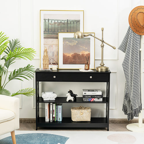 Console Table 3-Tier with Drawer and Storage Shelves, Black