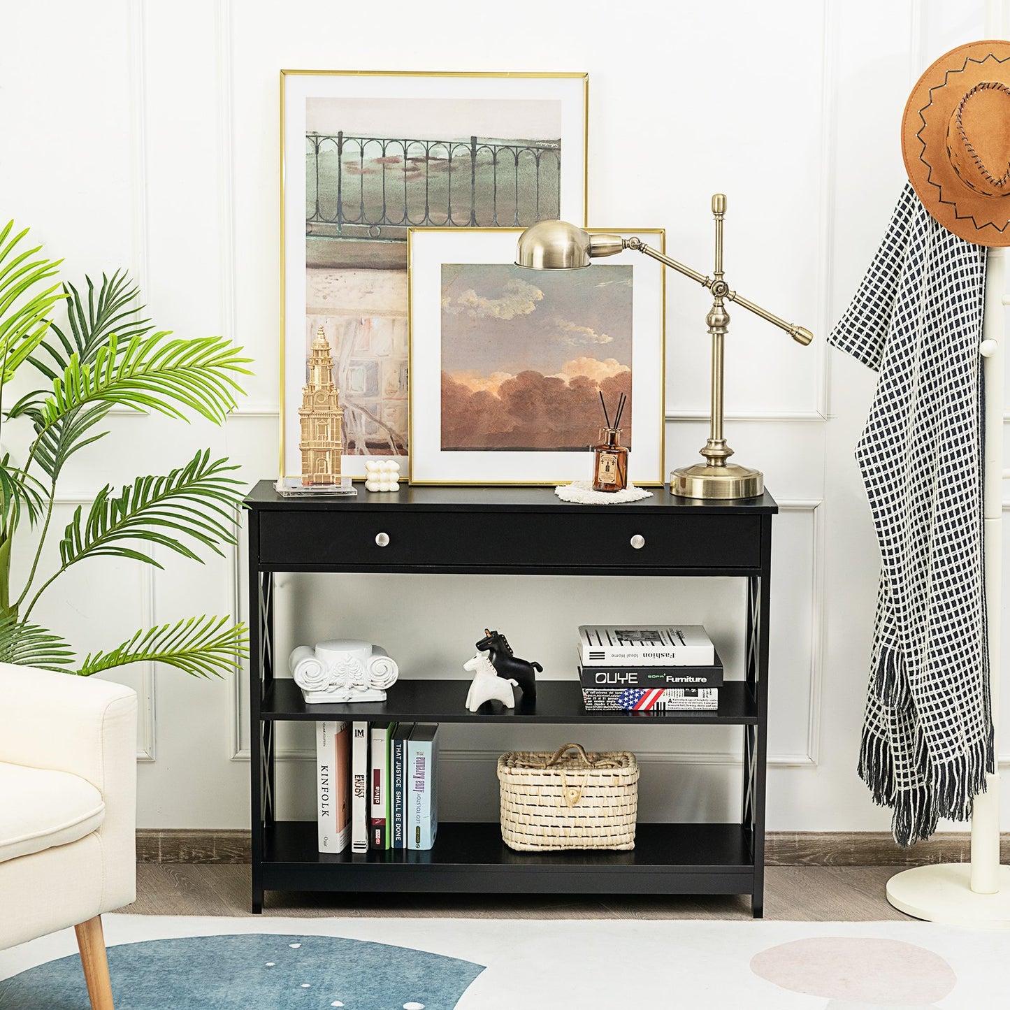 Console Table 3-Tier with Drawer and Storage Shelves, Black Console Tables   at Gallery Canada