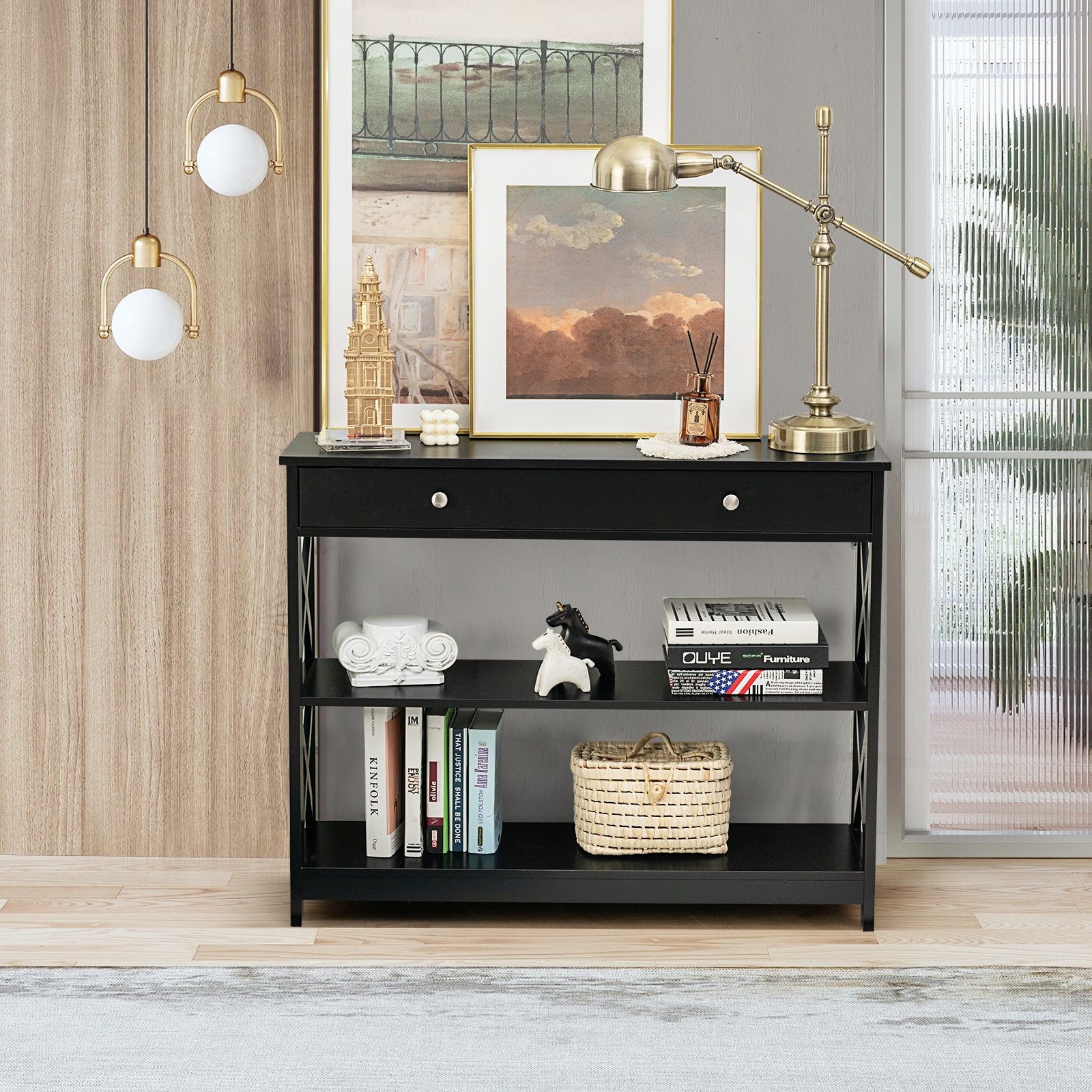 Console Table 3-Tier with Drawer and Storage Shelves, Black Console Tables   at Gallery Canada