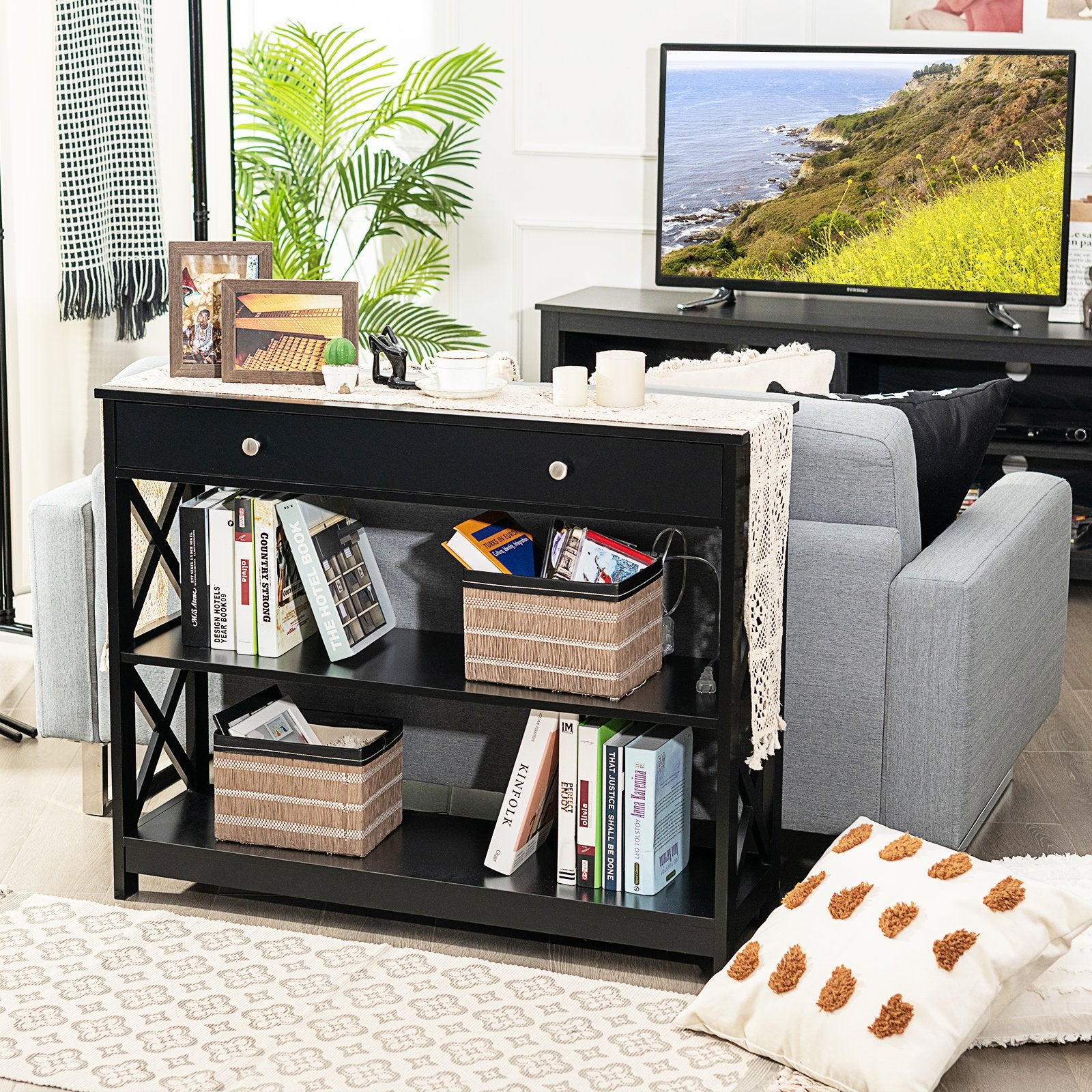 Console Table 3-Tier with Drawer and Storage Shelves, Black Console Tables   at Gallery Canada