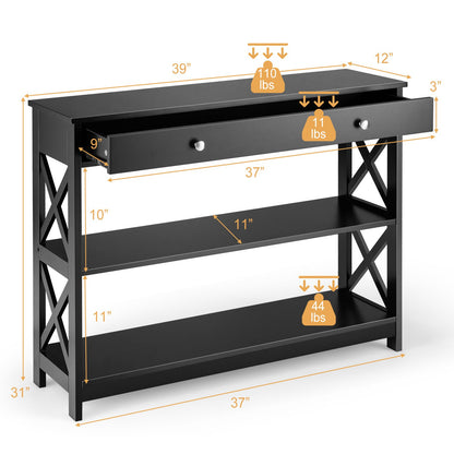 Console Table 3-Tier with Drawer and Storage Shelves, Black Console Tables   at Gallery Canada