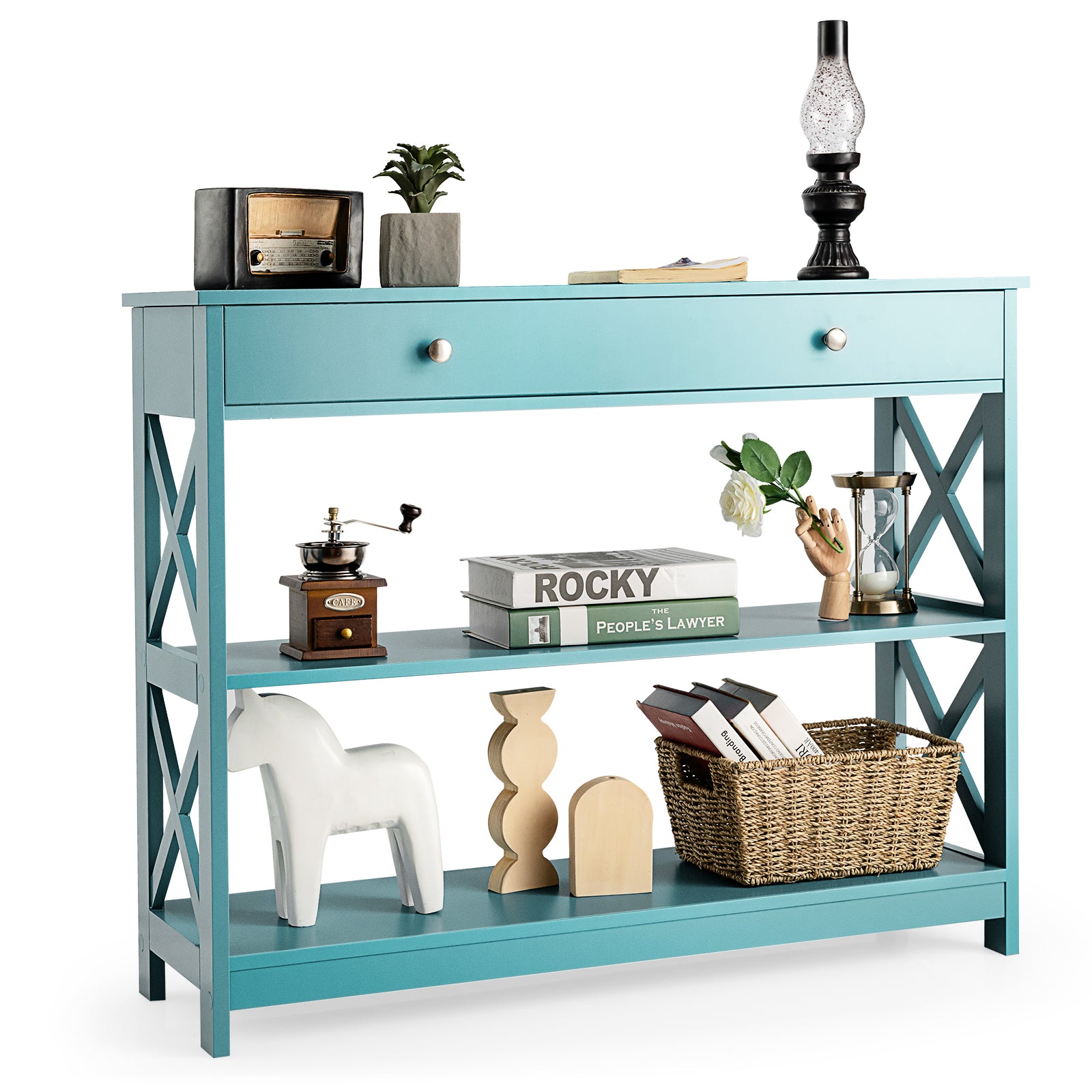 Console Table 3-Tier with Drawer and Storage Shelves, Turquoise Console Tables at Gallery Canada