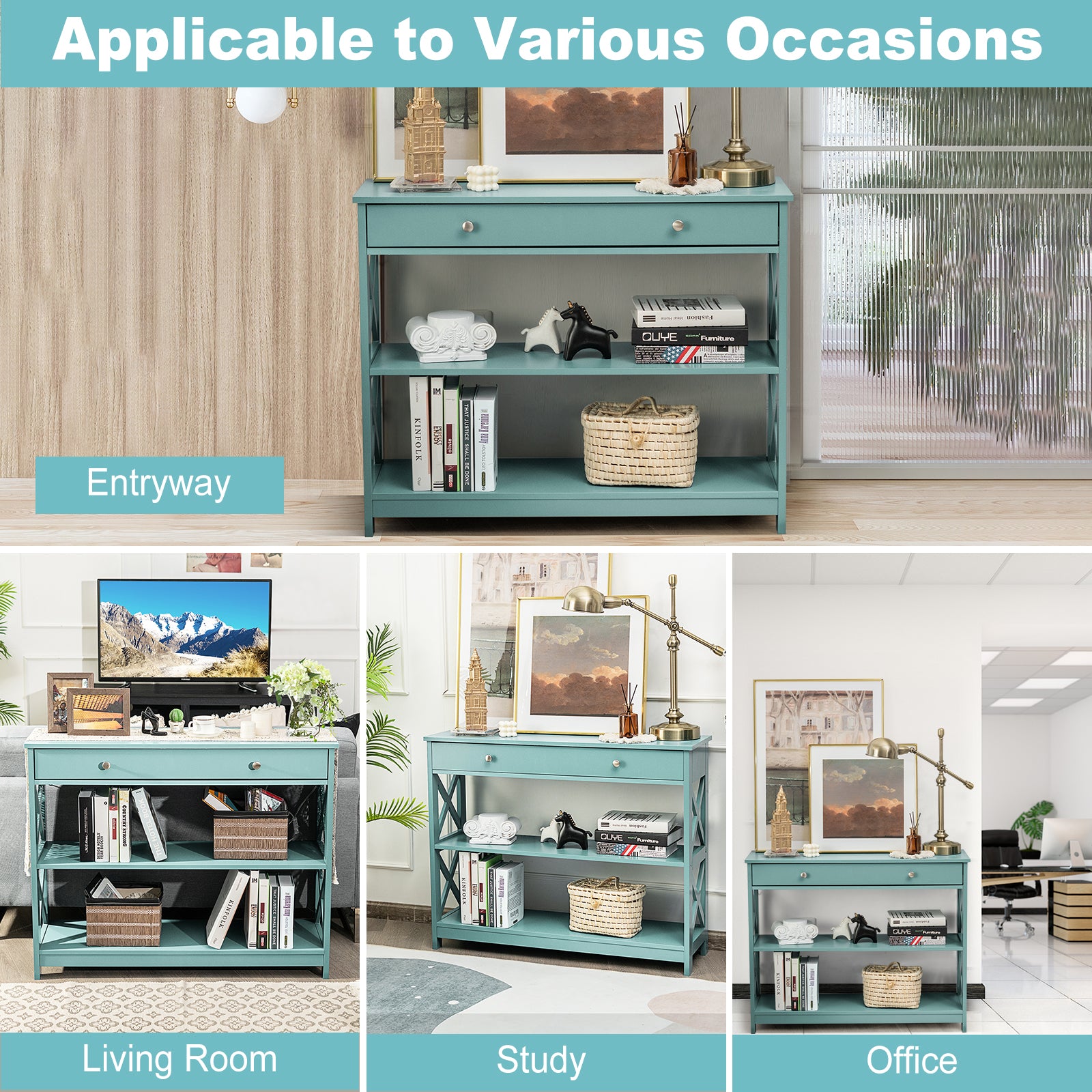Console Table 3-Tier with Drawer and Storage Shelves, Turquoise Console Tables at Gallery Canada