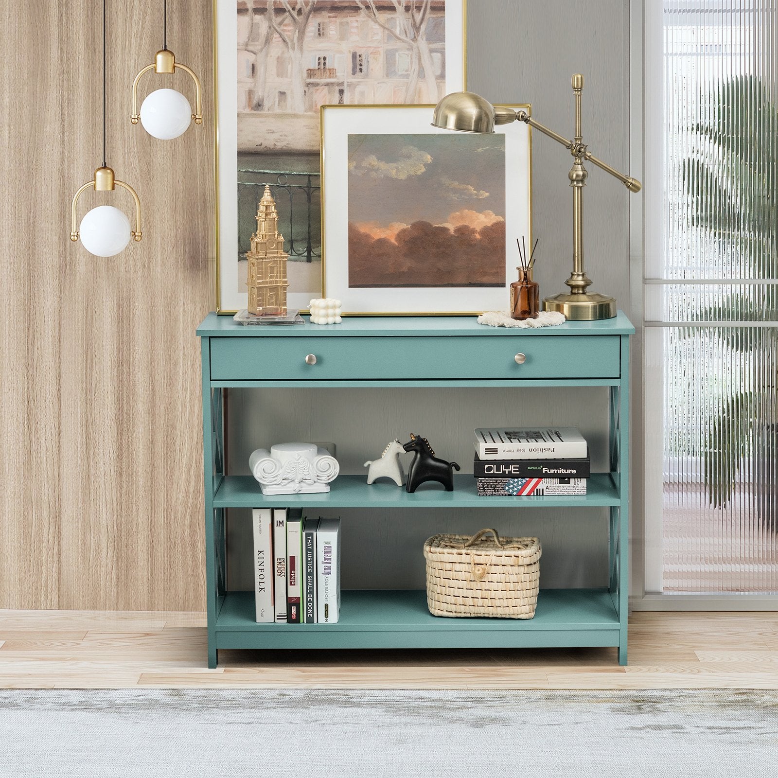 Console Table 3-Tier with Drawer and Storage Shelves, Turquoise Console Tables   at Gallery Canada