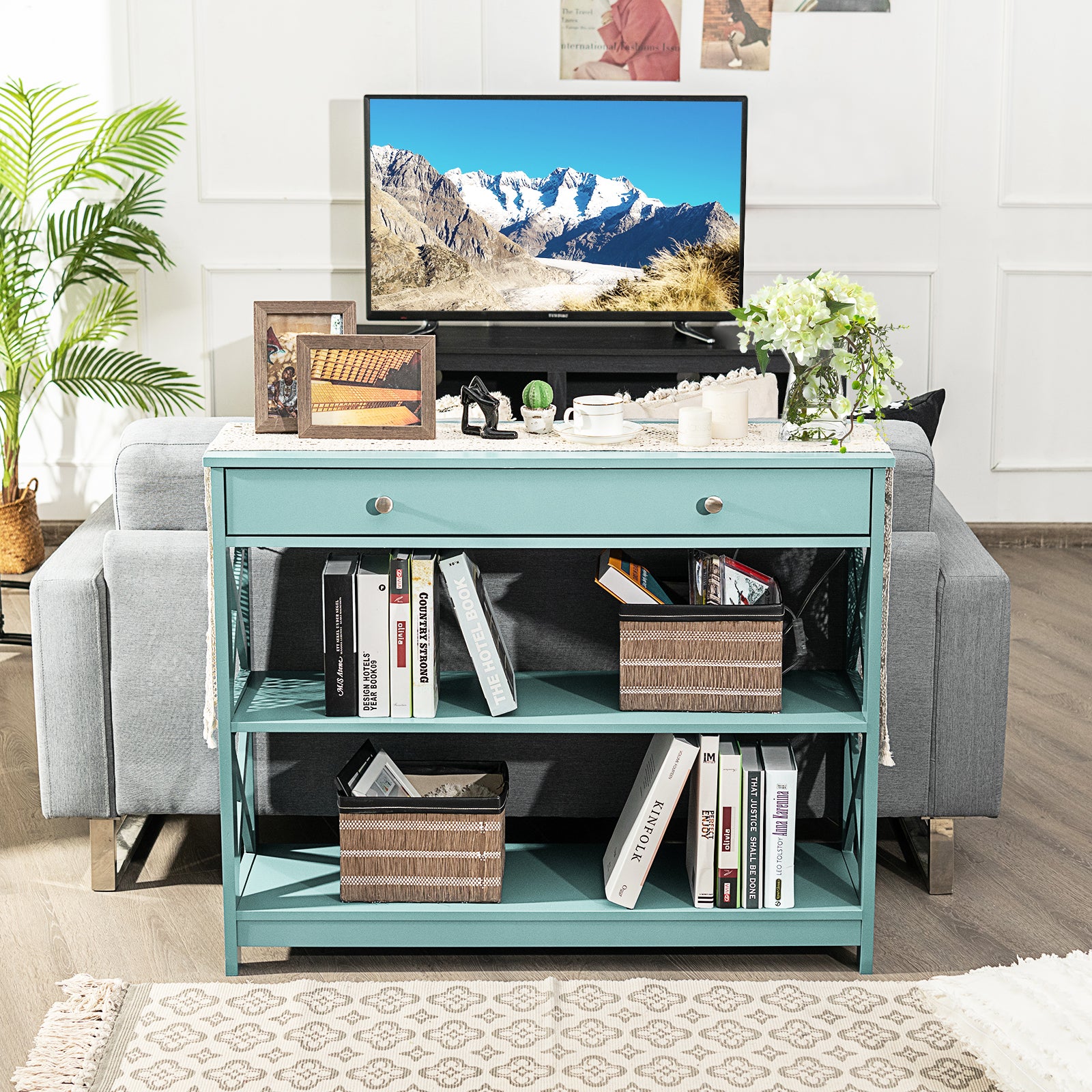 Console Table 3-Tier with Drawer and Storage Shelves, Turquoise Console Tables at Gallery Canada