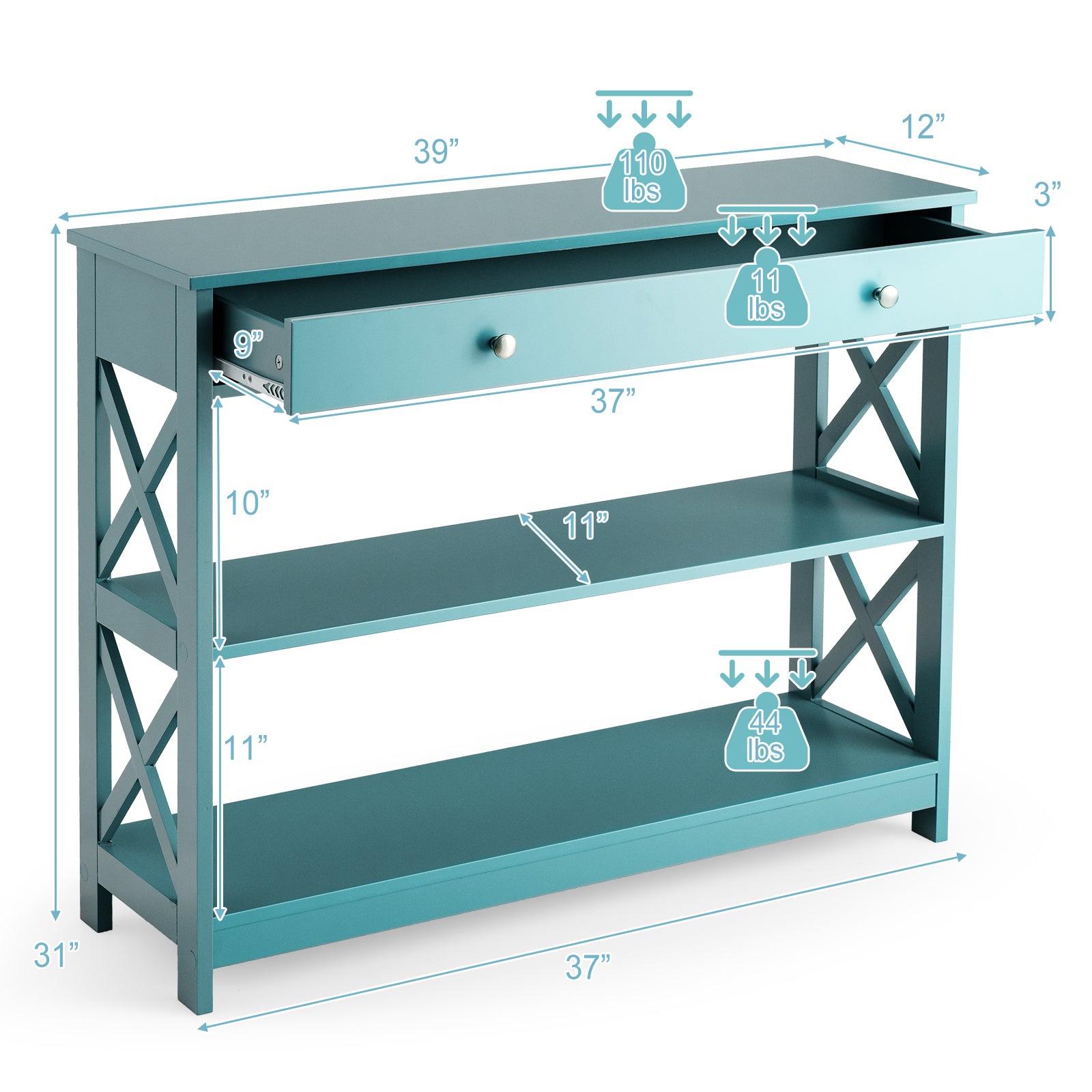 Console Table 3-Tier with Drawer and Storage Shelves, Turquoise Console Tables at Gallery Canada