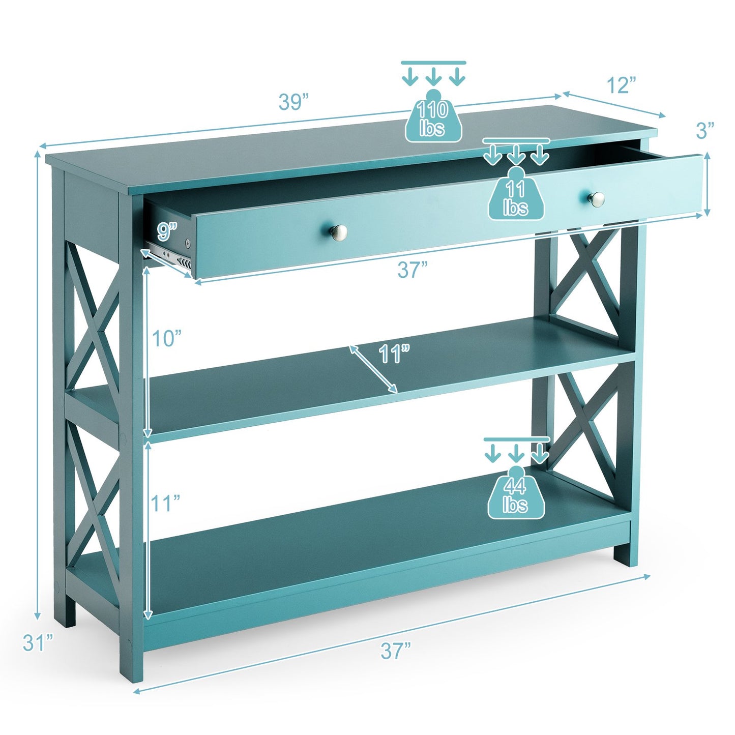 Console Table 3-Tier with Drawer and Storage Shelves, Turquoise - Gallery Canada