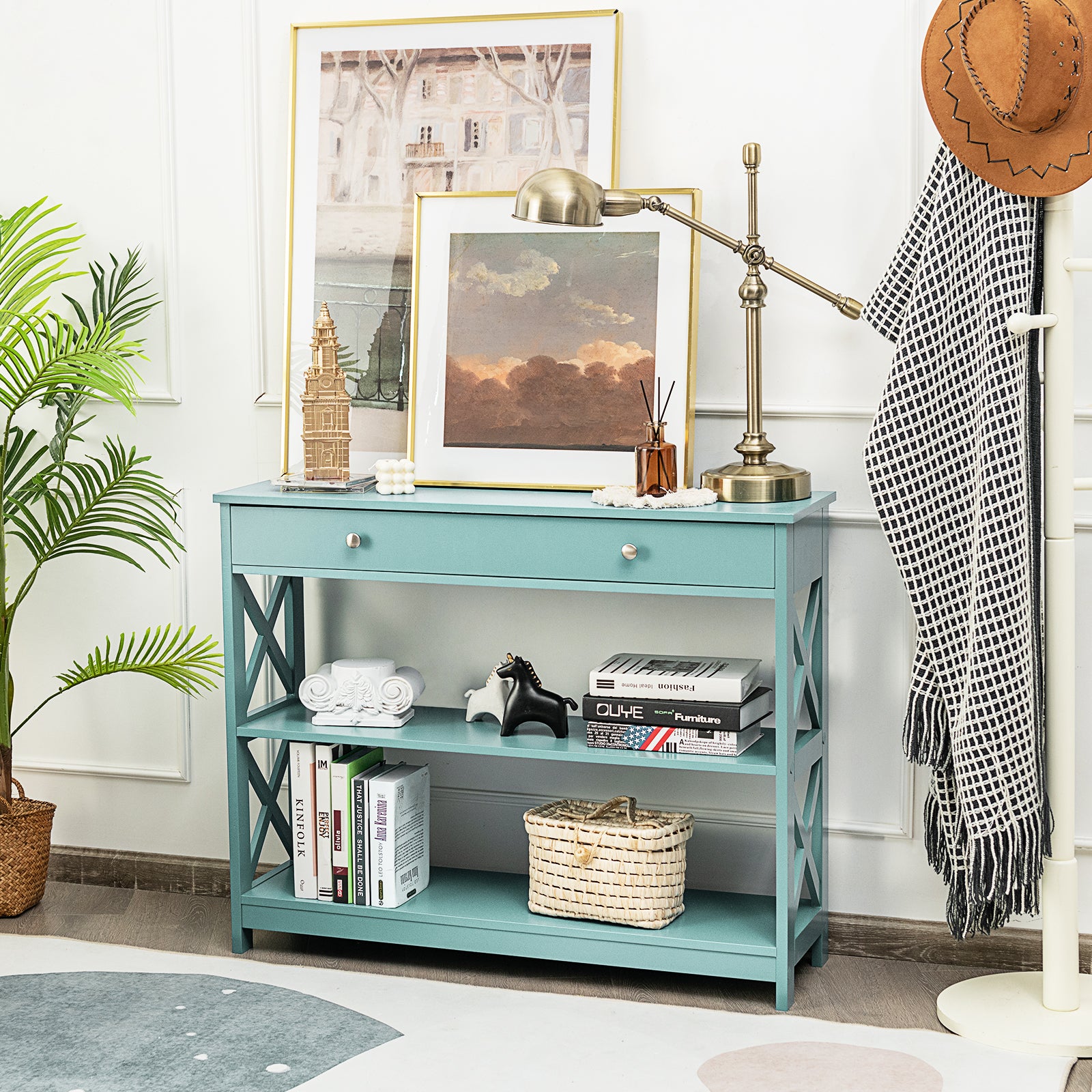Console Table 3-Tier with Drawer and Storage Shelves, Turquoise Console Tables at Gallery Canada