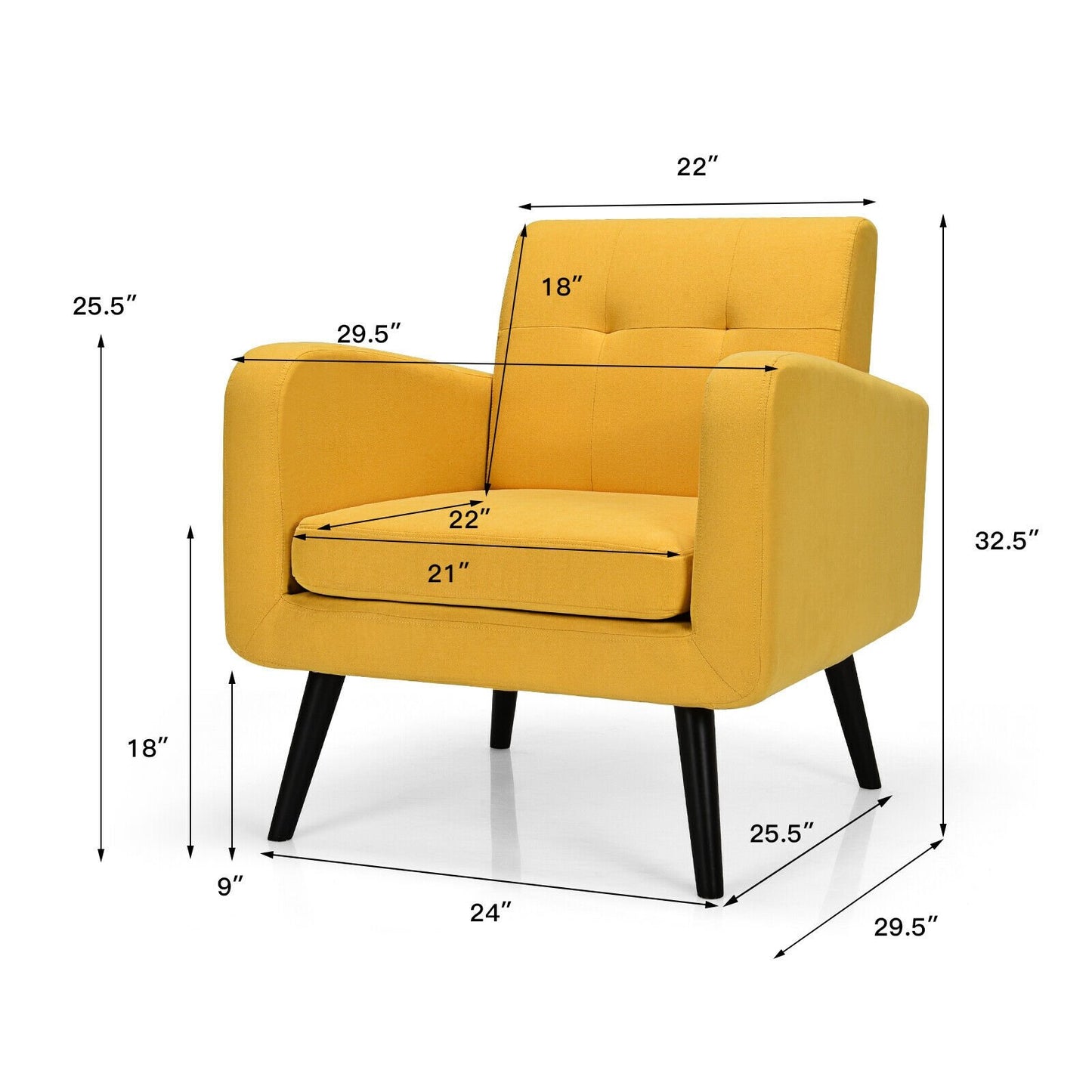 Modern Upholstered Comfy Accent Chair Single Sofa with Rubber Wood Legs, Yellow - Gallery Canada