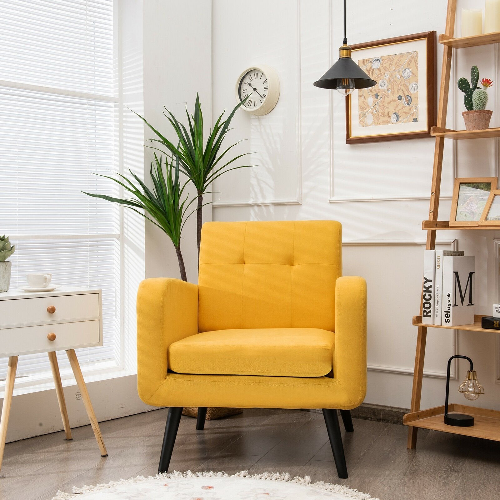 Modern Upholstered Comfy Accent Chair Single Sofa with Rubber Wood Legs, Yellow - Gallery Canada