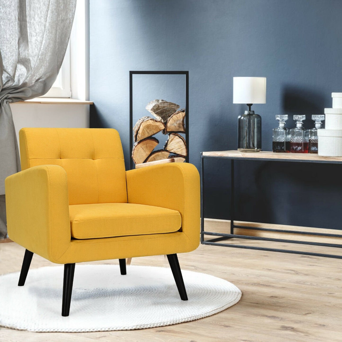 Modern Upholstered Comfy Accent Chair Single Sofa with Rubber Wood Legs, Yellow Accent Chairs   at Gallery Canada