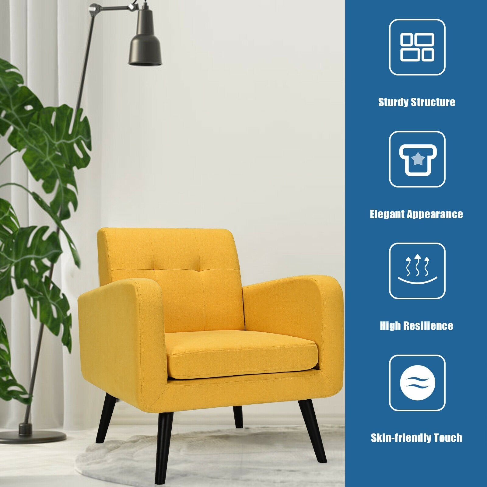 Modern Upholstered Comfy Accent Chair Single Sofa with Rubber Wood Legs, Yellow - Gallery Canada