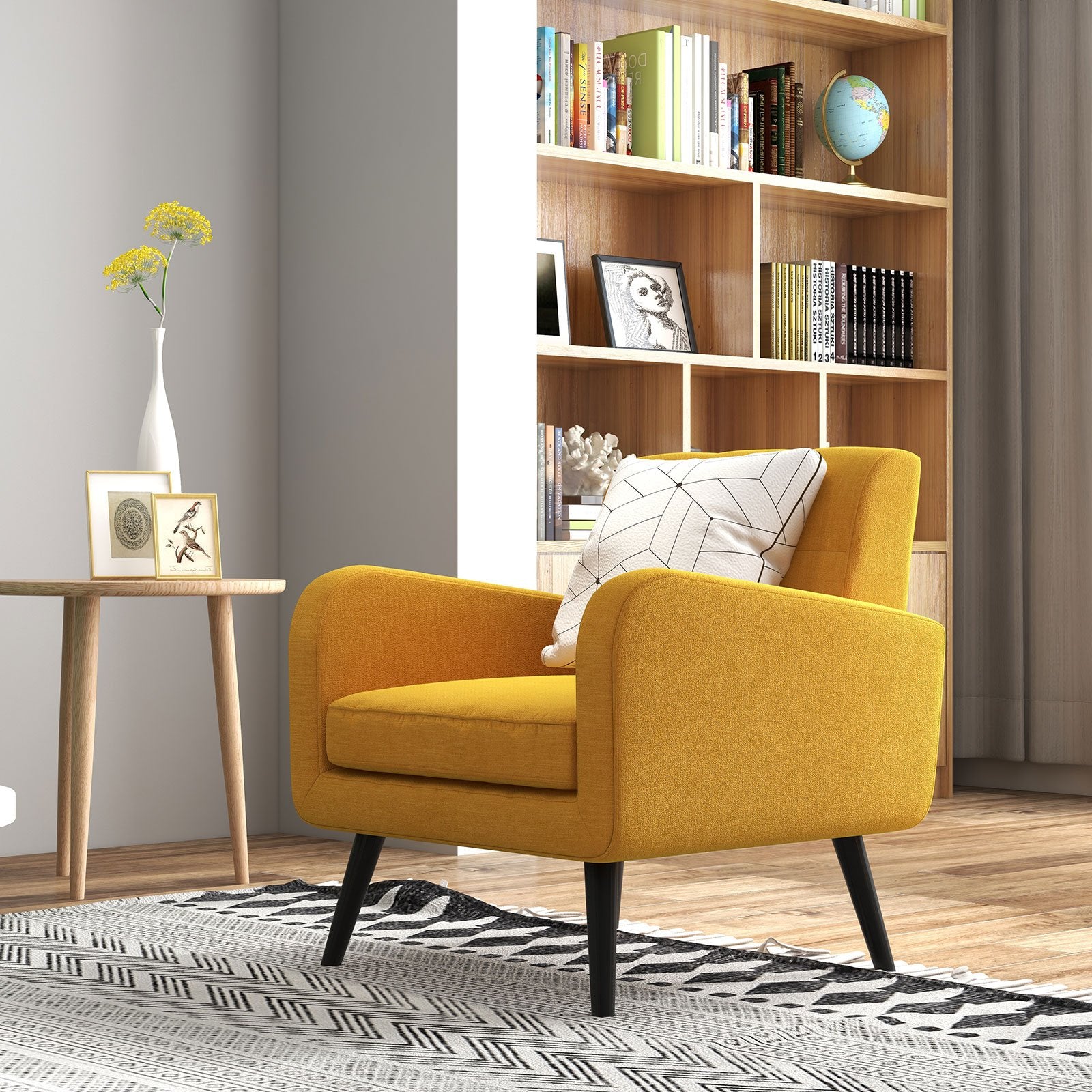 Modern Upholstered Comfy Accent Chair Single Sofa with Rubber Wood Legs, Yellow - Gallery Canada