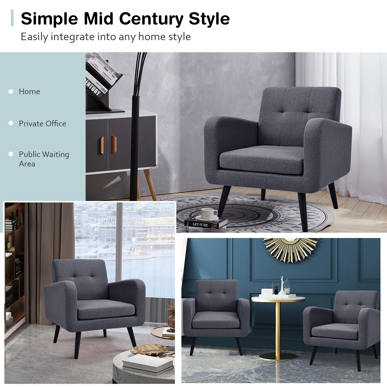 Modern Upholstered Comfy Accent Chair Single Sofa with Rubber Wood Legs, Gray Accent Chairs   at Gallery Canada