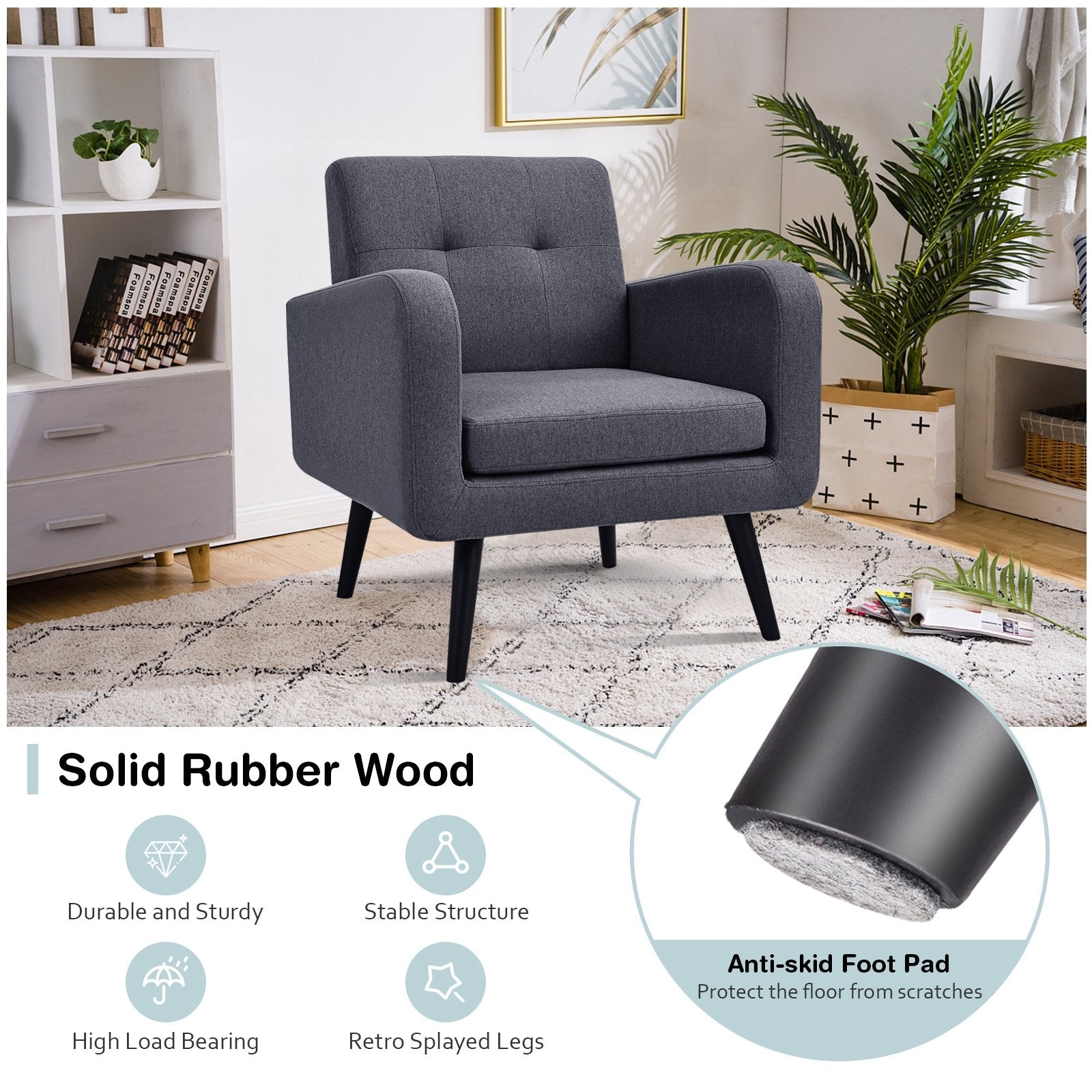 Modern Upholstered Comfy Accent Chair Single Sofa with Rubber Wood Legs, Gray - Gallery Canada