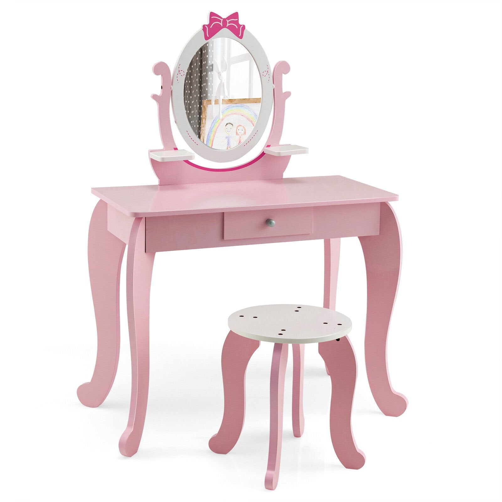 Kid Vanity Table Stool Set with Oval Rotatable Mirror, Pink Kids Vanities   at Gallery Canada