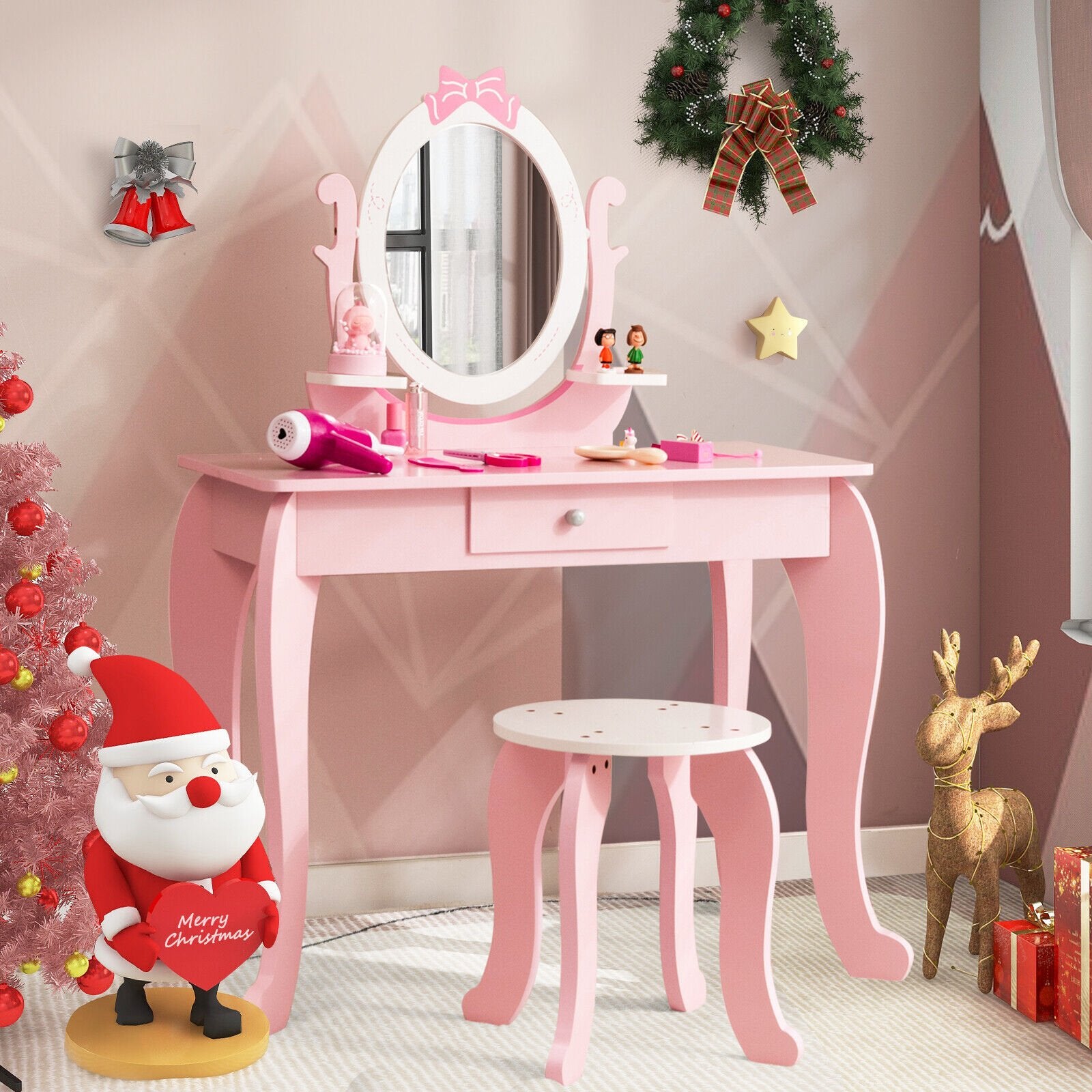 Kid Vanity Table Stool Set with Oval Rotatable Mirror, Pink Kids Vanities   at Gallery Canada