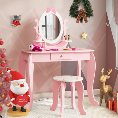 Kid Vanity Table Stool Set with Oval Rotatable Mirror, Pink - Gallery Canada