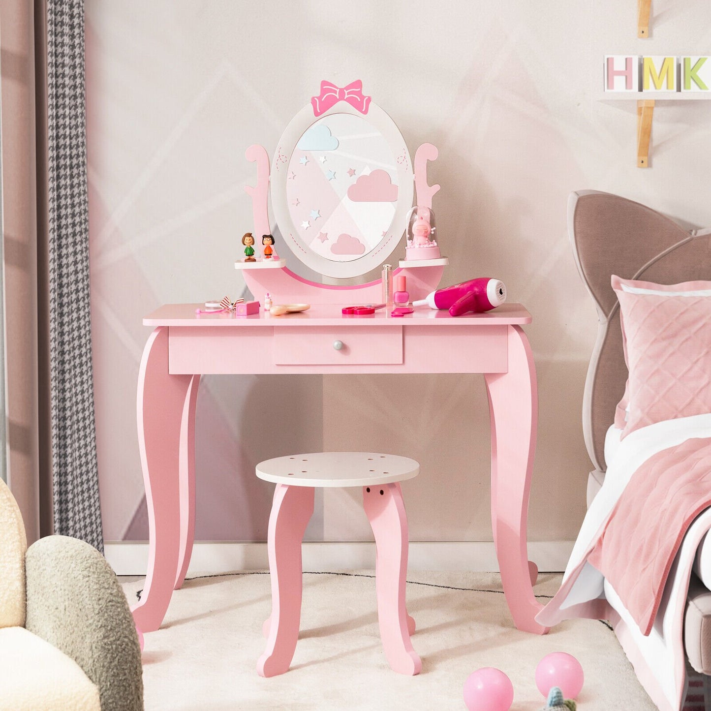 Kid Vanity Table Stool Set with Oval Rotatable Mirror, Pink - Gallery Canada