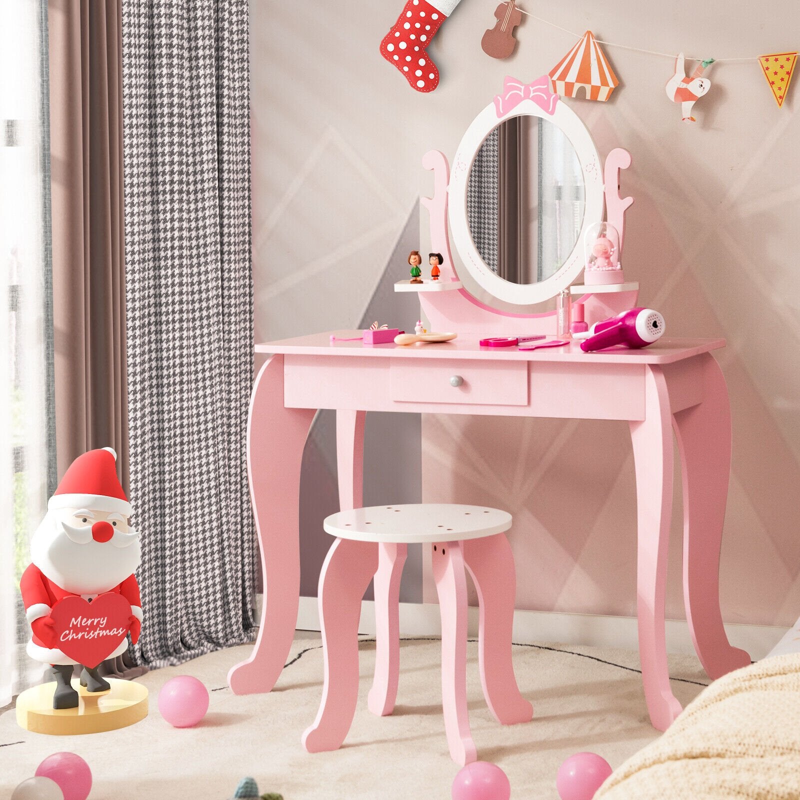 Kid Vanity Table Stool Set with Oval Rotatable Mirror, Pink Kids Vanities   at Gallery Canada